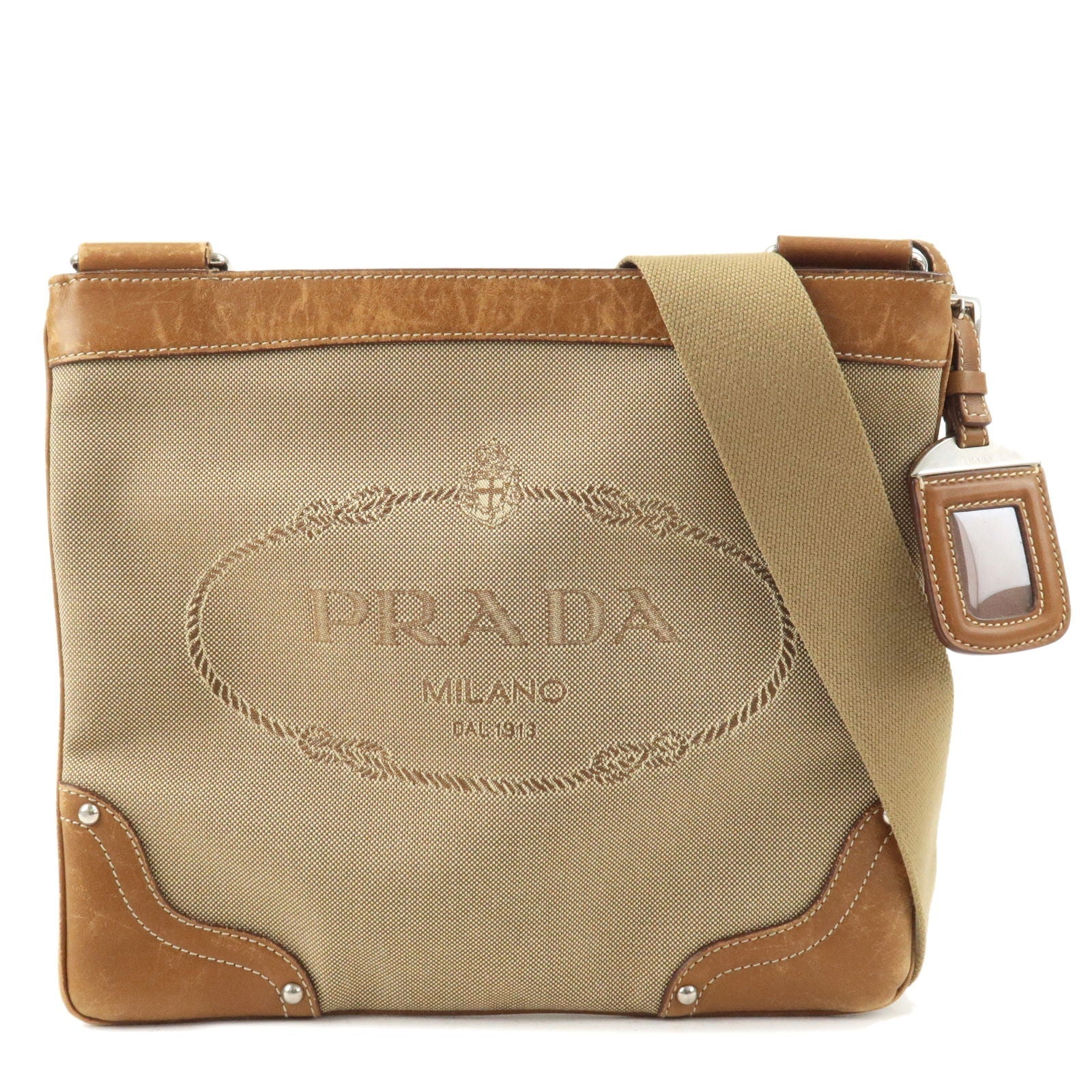 Prada Prada Logo Jacquard Leather Shoulder Bag Beige Brown Bt0537 36612 16