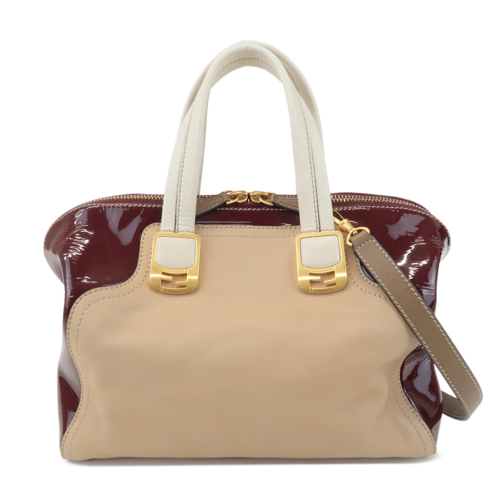 Fendi Chameleon Bag Hand Bag Bordeaux d Leather Beige Handbag