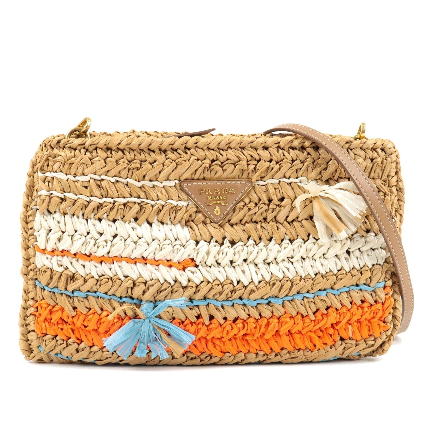 Prada Prada Raffia Tricot Leather Shoulder Bag Beige Orange