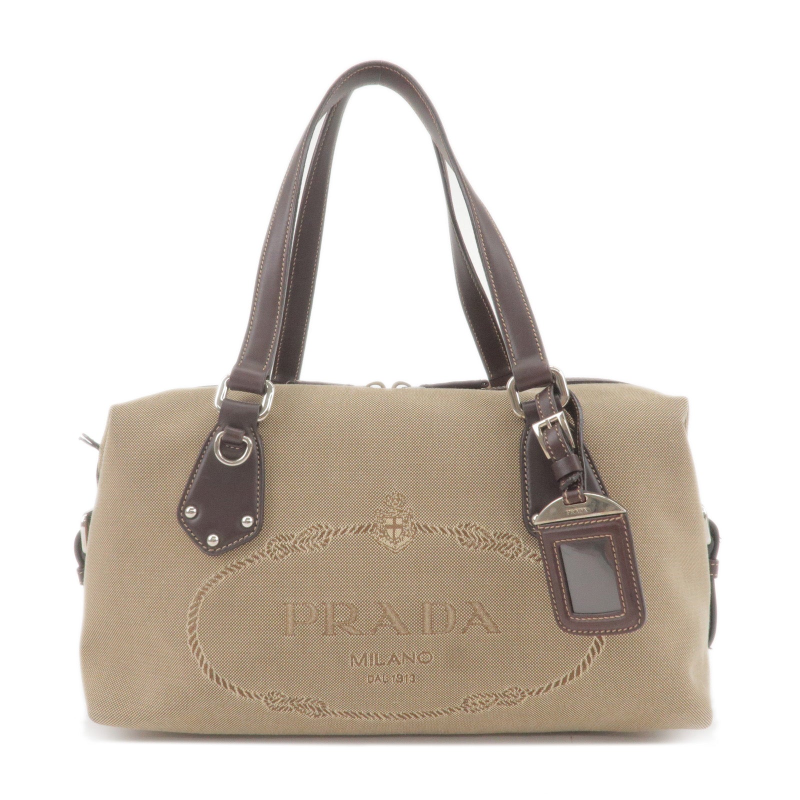 Prada Prada Logo Jacquard Leather Boston Bag Beige Brown Travel Bag
