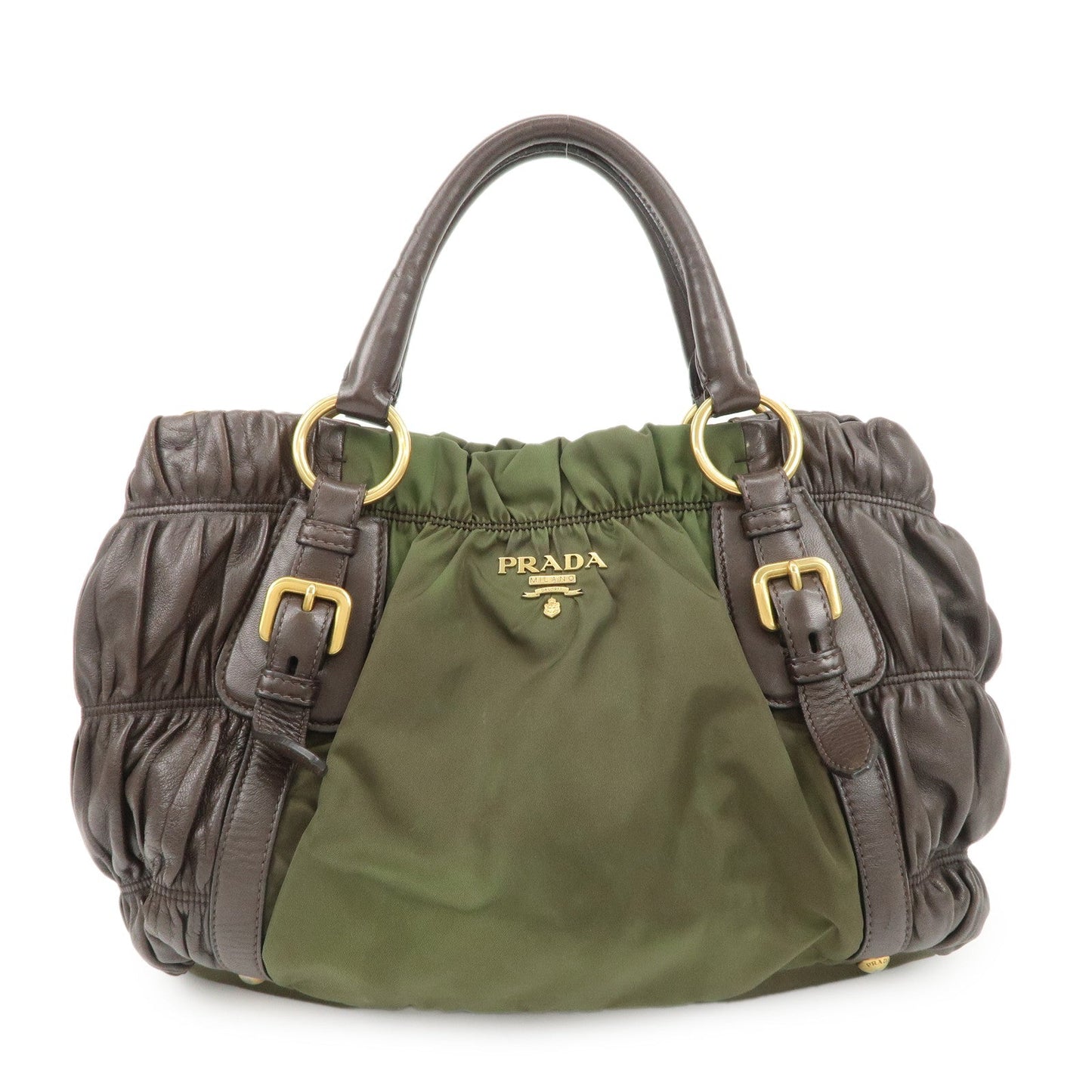 Prada Shoulder Bag Gathered Hand Bag d Leather Nylon Brown