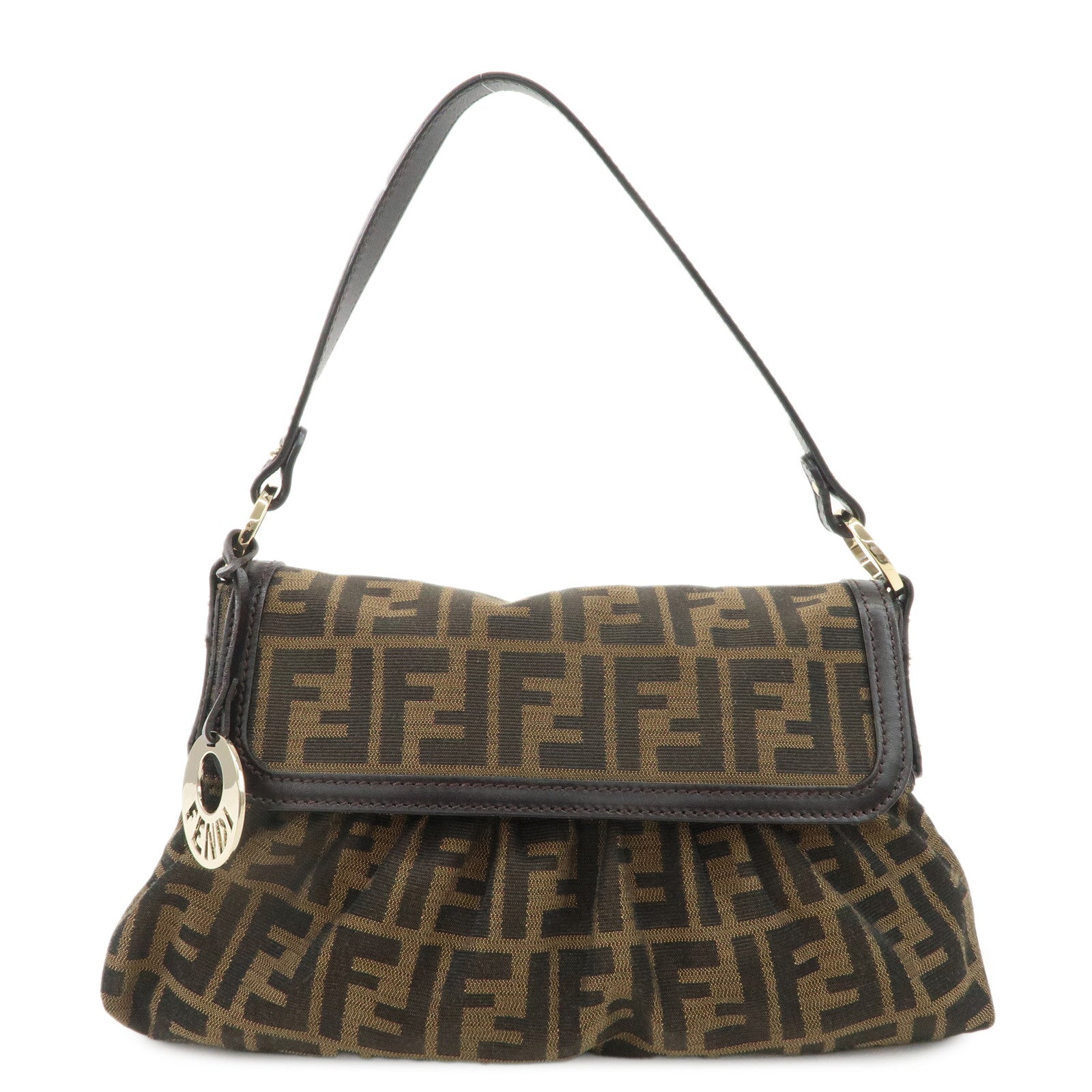 Fendi Shoulder Bag Zucca d Leather Canvas Brown Beige Brown D