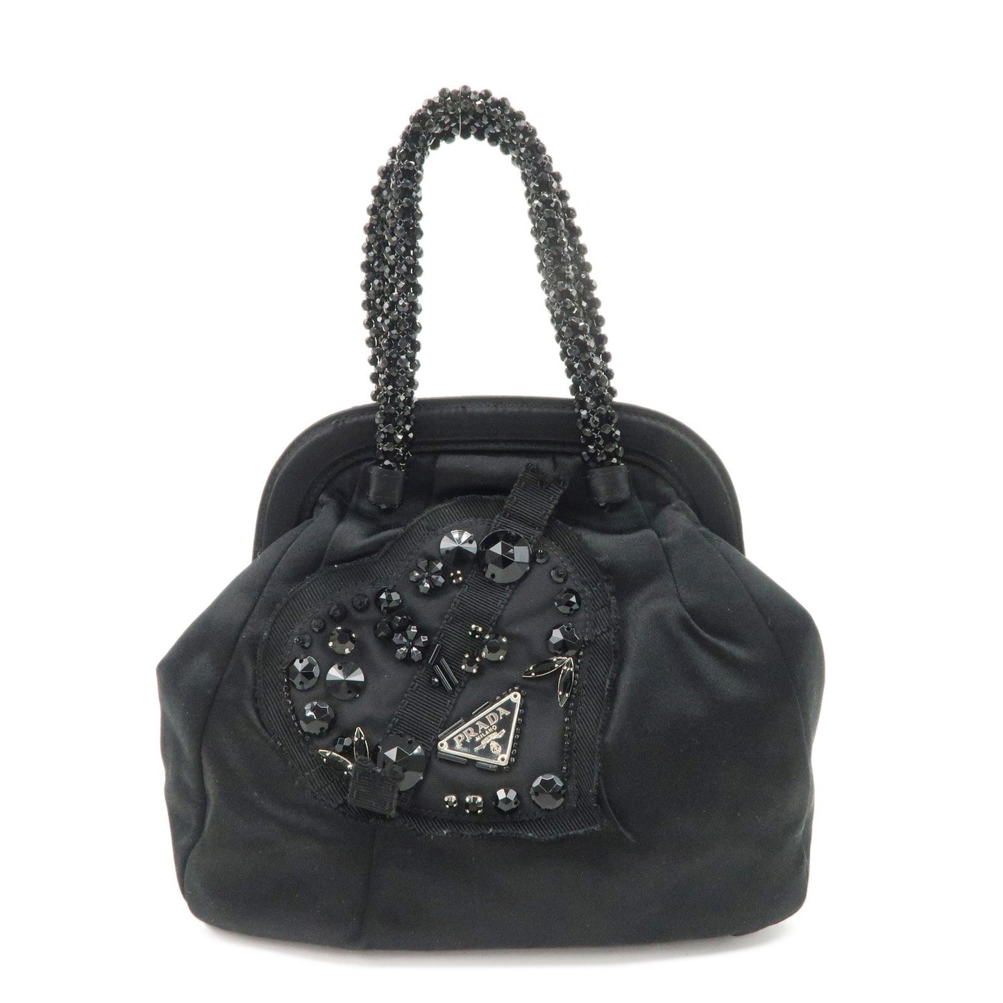 Prada Evening Heart Beaded Bijou Hand Bag d Satin Black Handbag