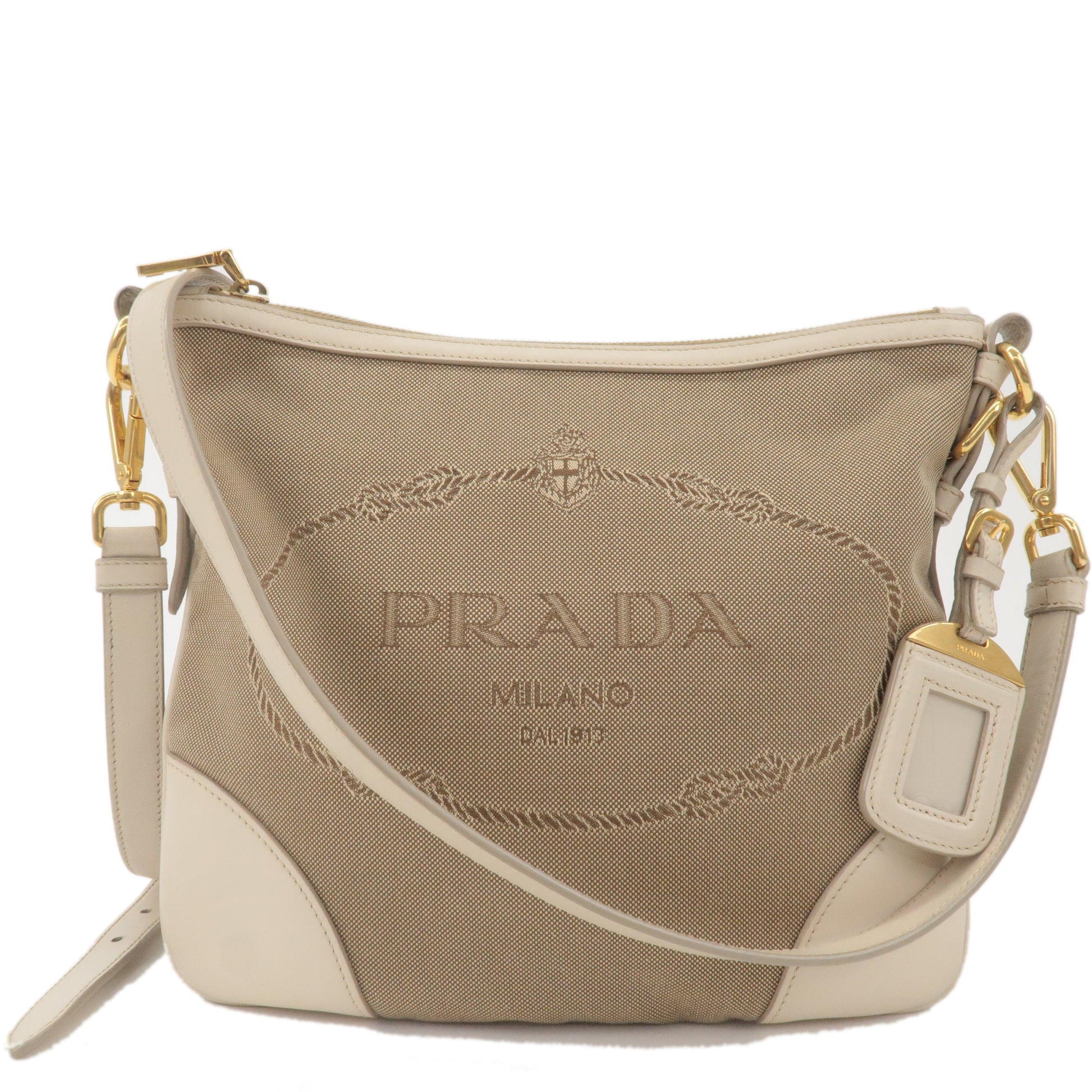 Prada Prada Logo Jacquard Canvas Leather Shoulder Bag Beige
