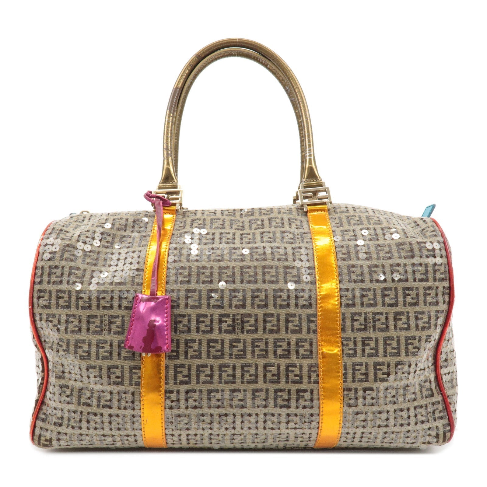 Fendi Zucchino Beaded Boston Bag d Leather Canvas Handbag
