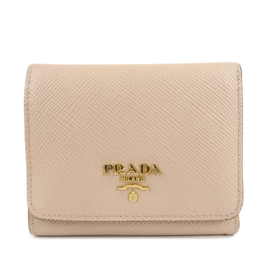 Prada Trifold Compact Wallet d Leather Saffiano Beige Handbag