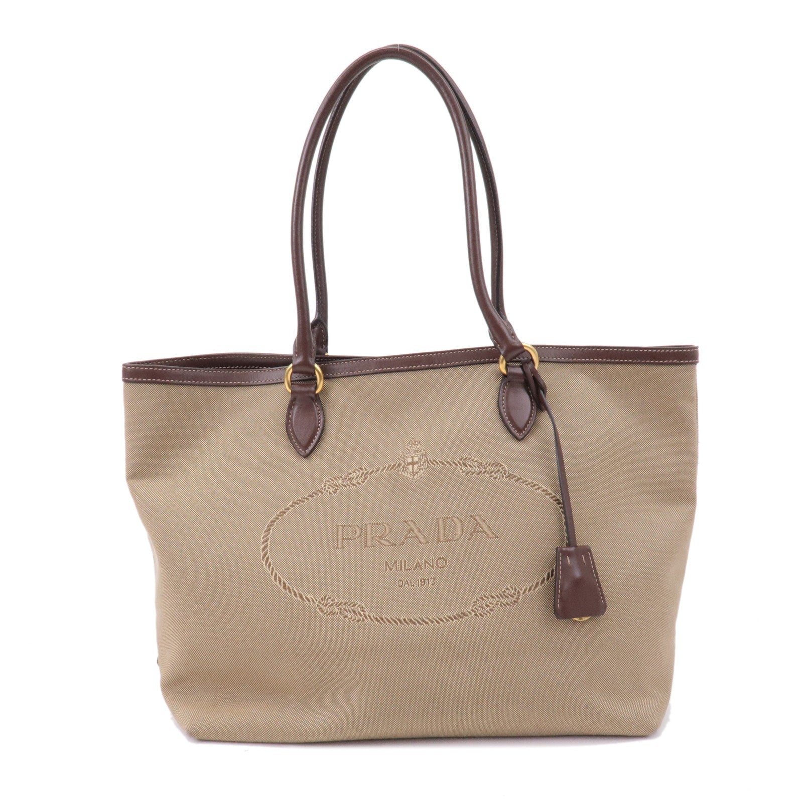 Prada Prada Logo Jacquard Leather Tote Bag Beige Brown