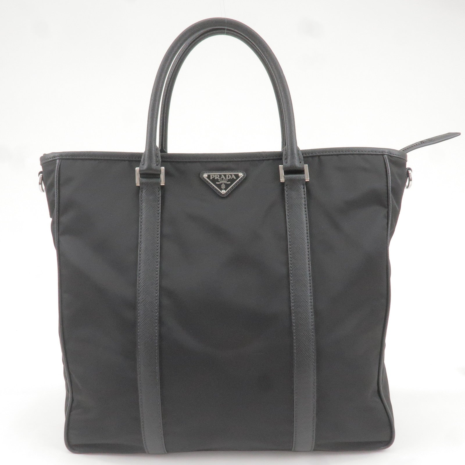Prada Prada Logo Nylon Leather Tote Bag Nero Black
