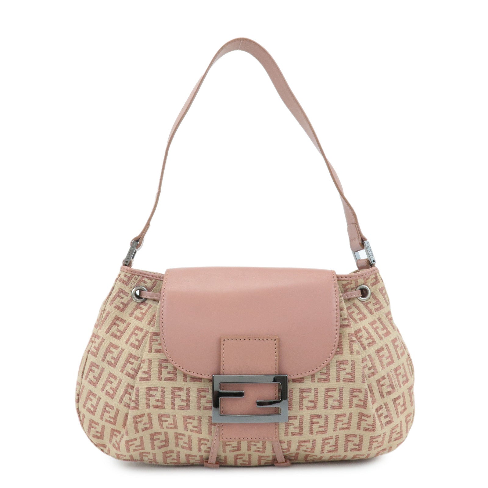 Fendi Shoulder Bag Zucchino d Leather Canvas Beige Beige Pink D