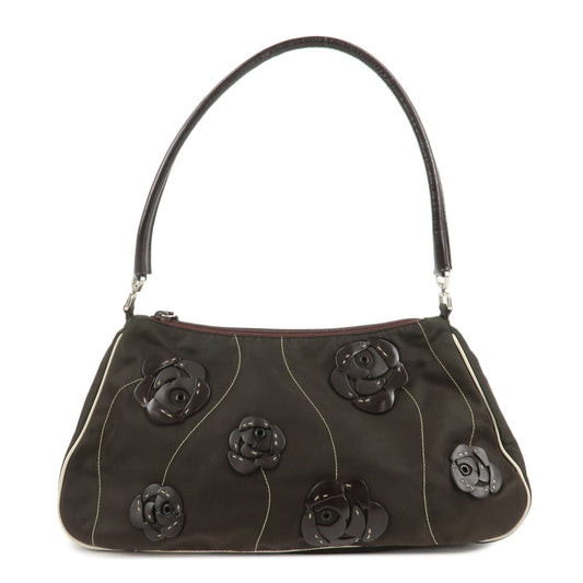 Prada Shoulder Bag Flower Motif d Leather Nylon Brown