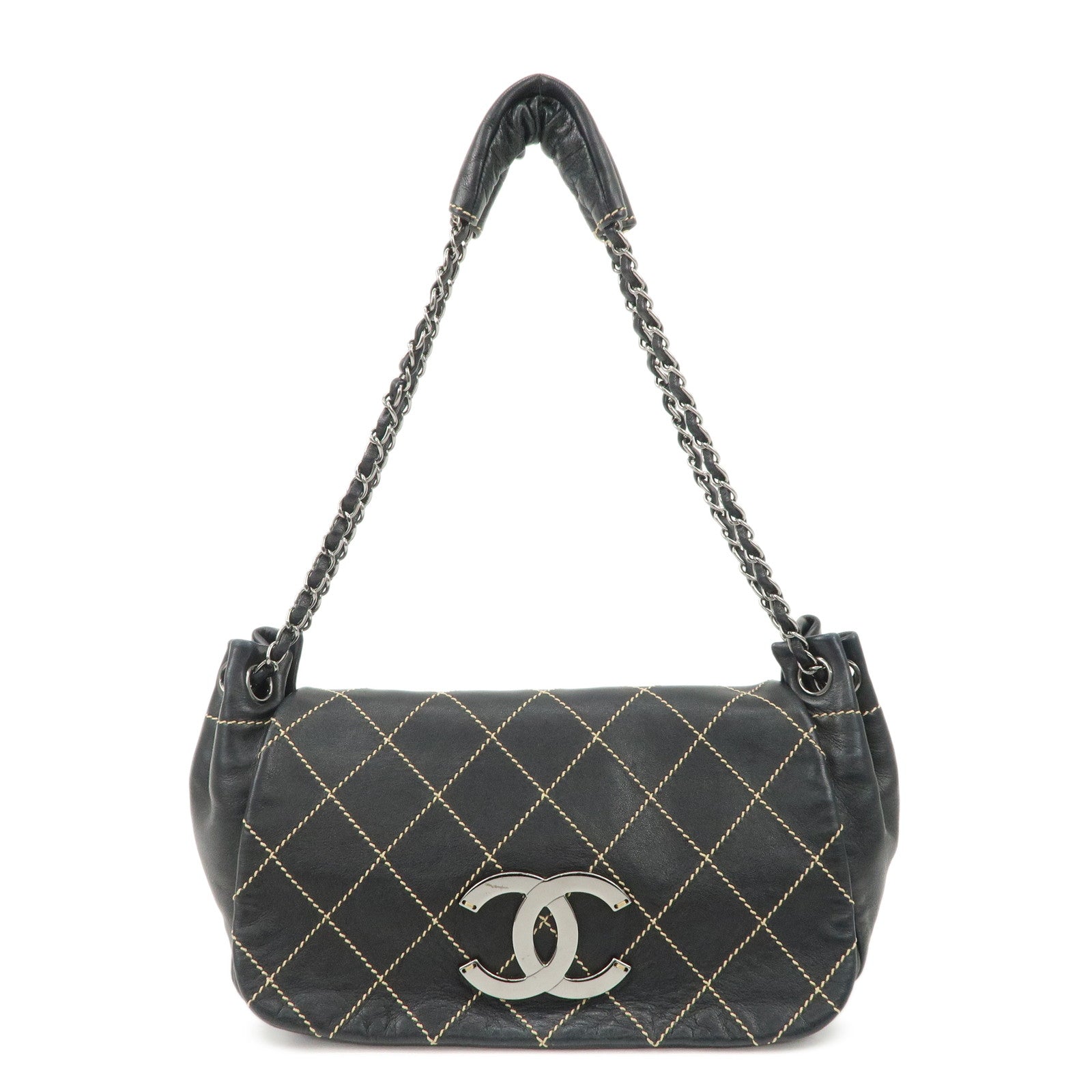 CHANEL COCO Mark Wild Stitch Lamb Skin Chain Shoulder Bag Black