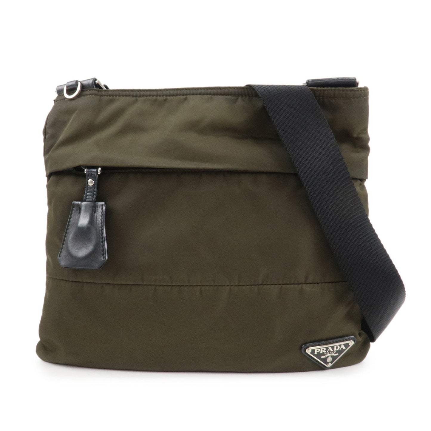 Prada Shoulder Bag Triangle Khaki d 2 Leather Nylon Logo