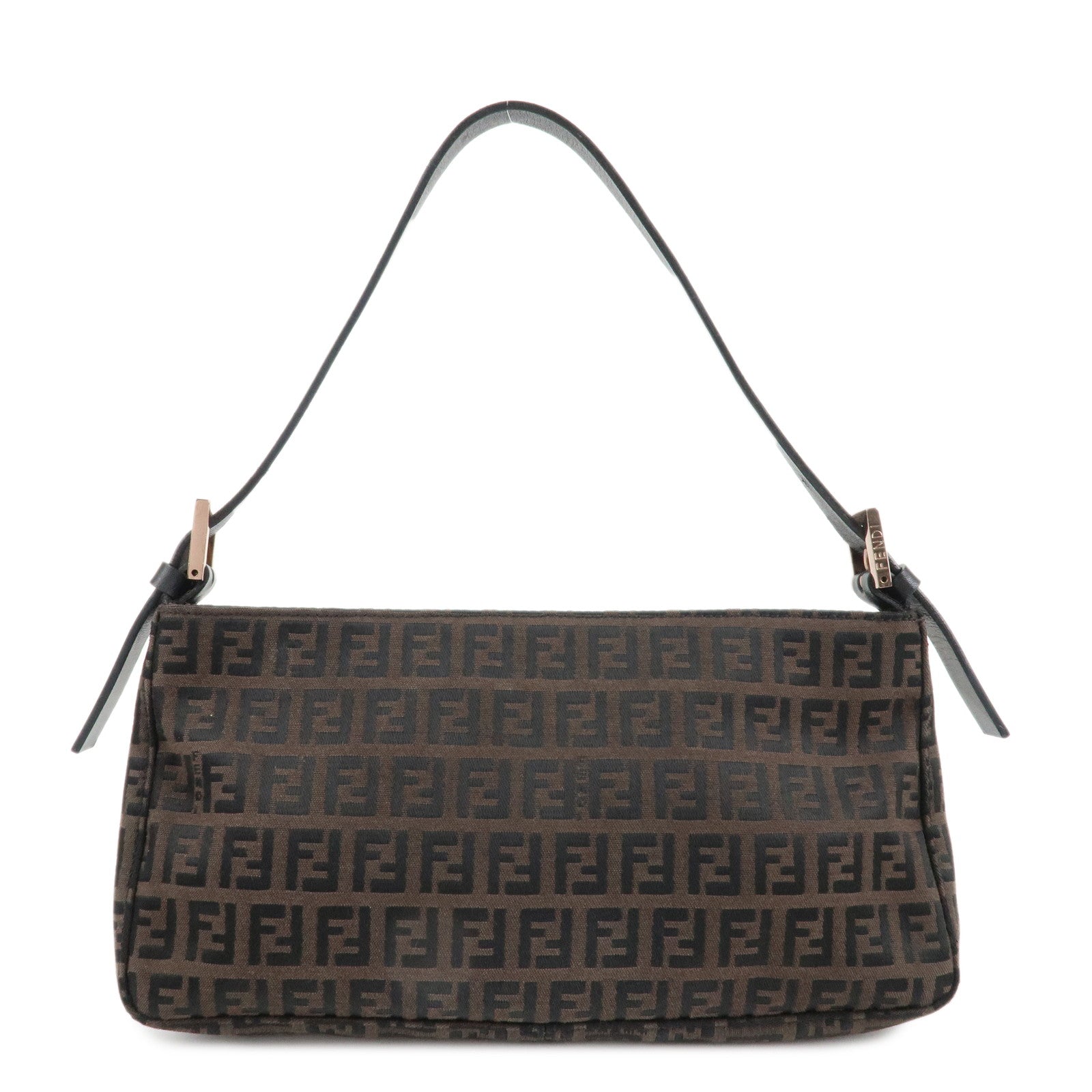 Fendi Shoulder Bag Zucchino Dark d Leather Canvas Black