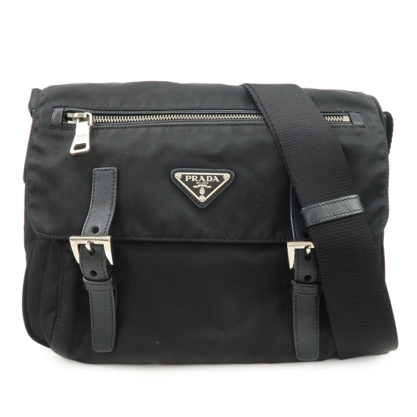 Prada Shoulder Bag Triangle d Leather Nylon Black