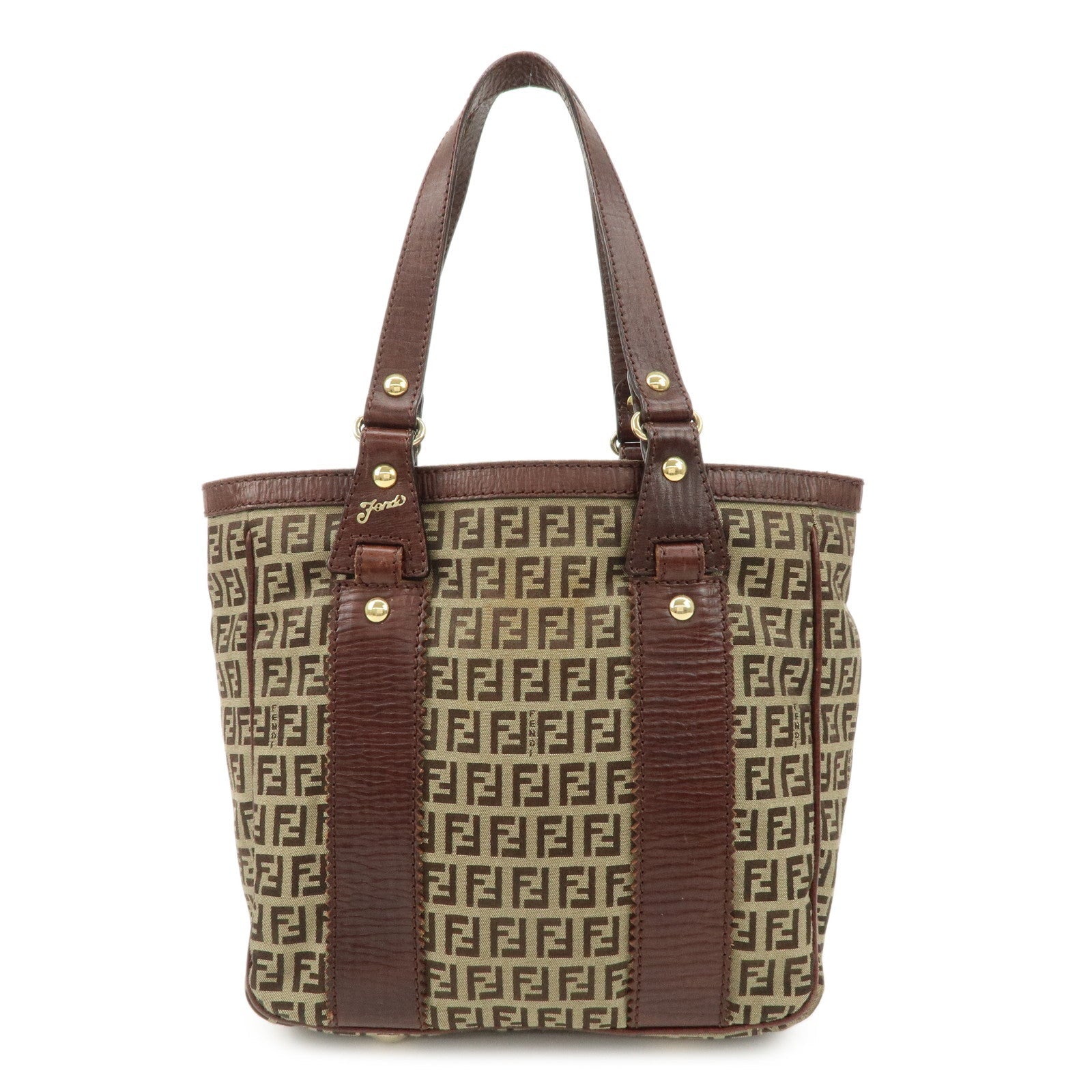 Fendi Tote Bag Zucchino Khaki d Leather Canvas Brown