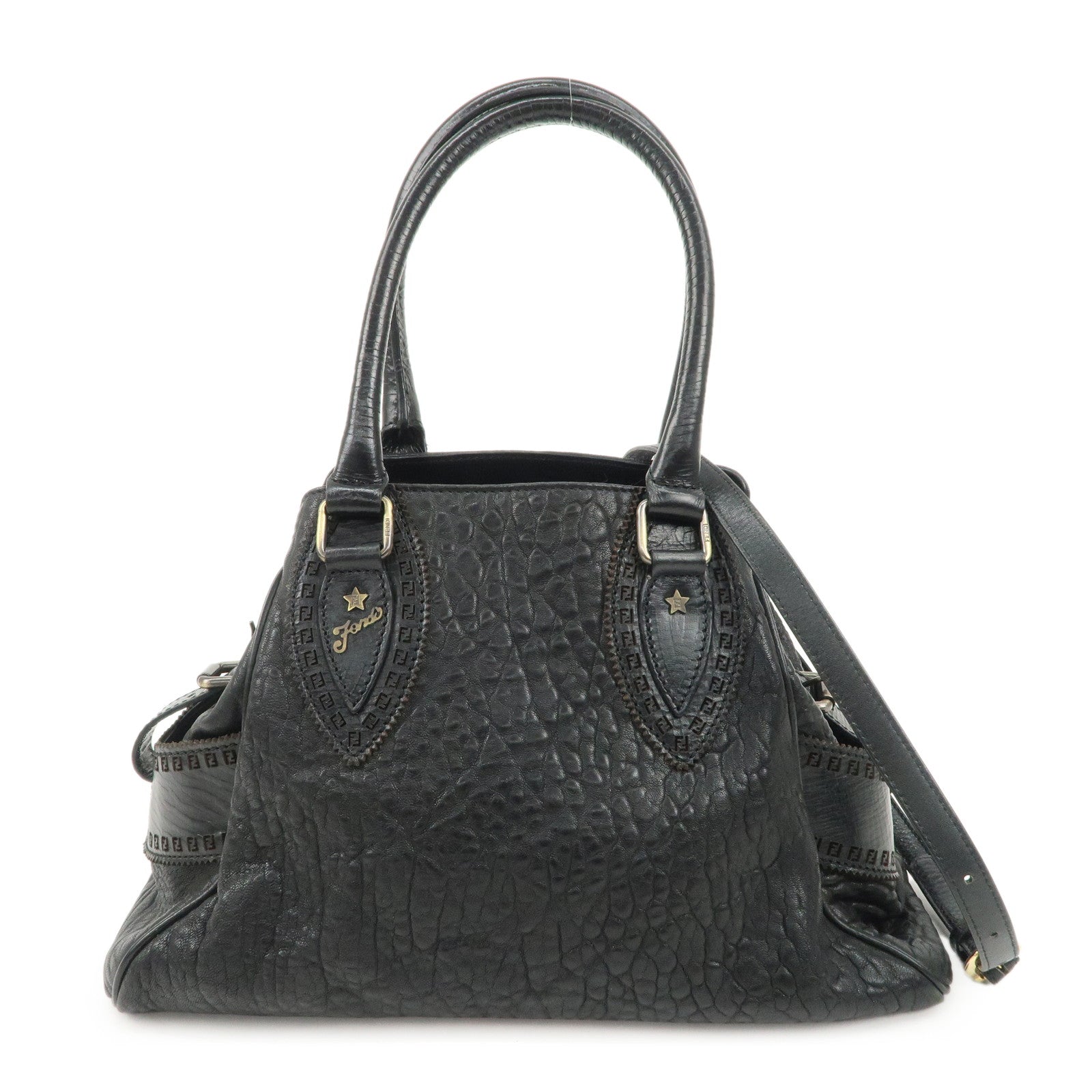 Fendi Shoulder Bag Ethnico Zucca d Leather Canvas Black