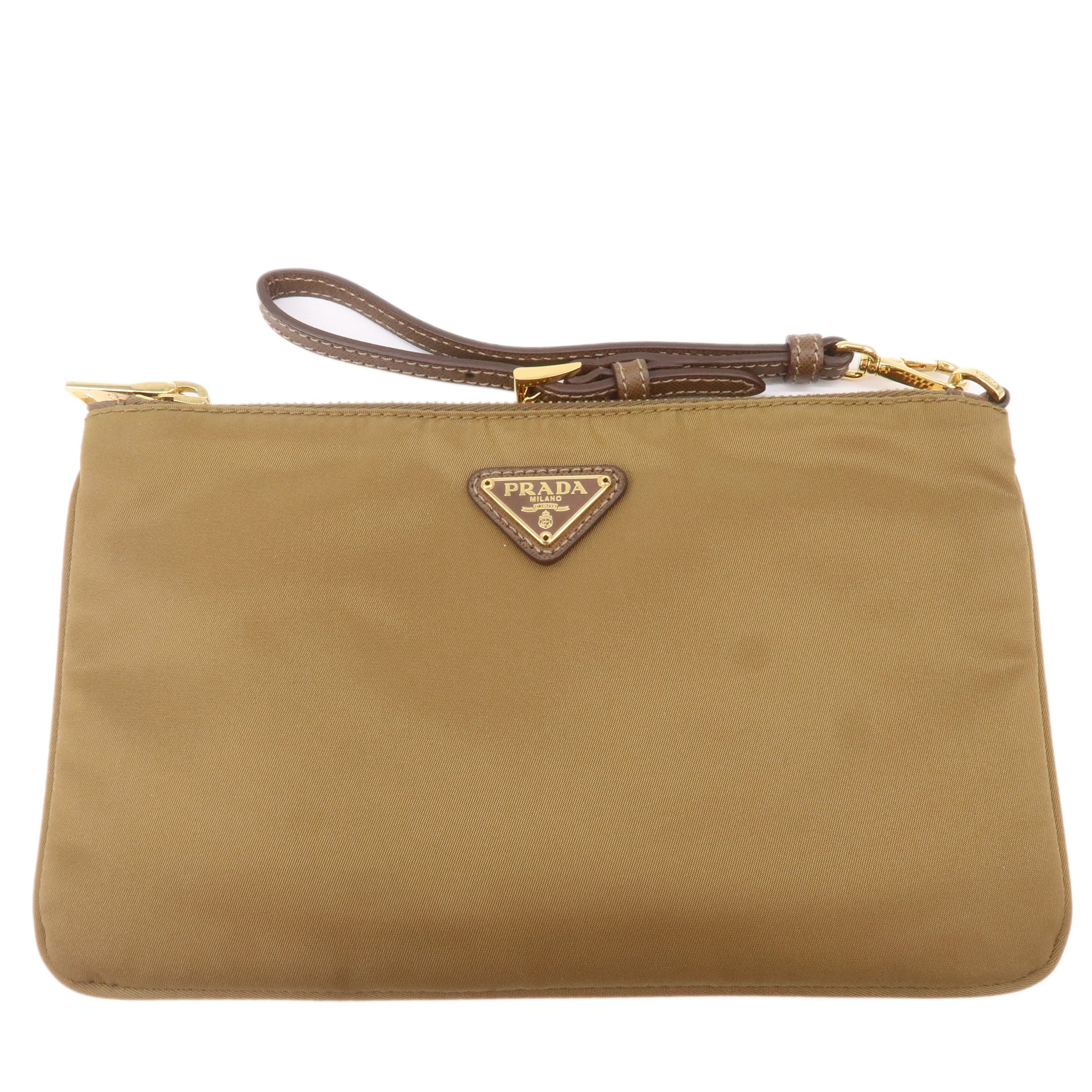 Prada Prada Logo Nylon Leather Clutch Bag Pouch Brown