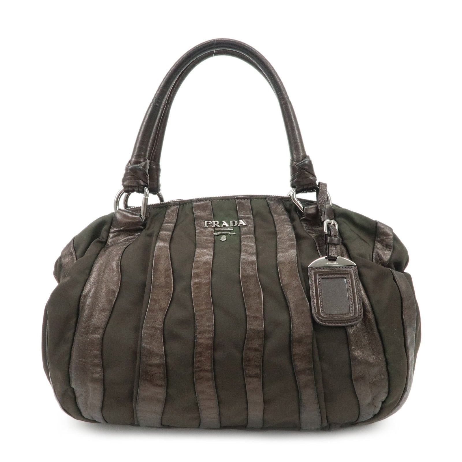 Prada Tote Bag Stripe Hand Bag d Leather Nylon Brown