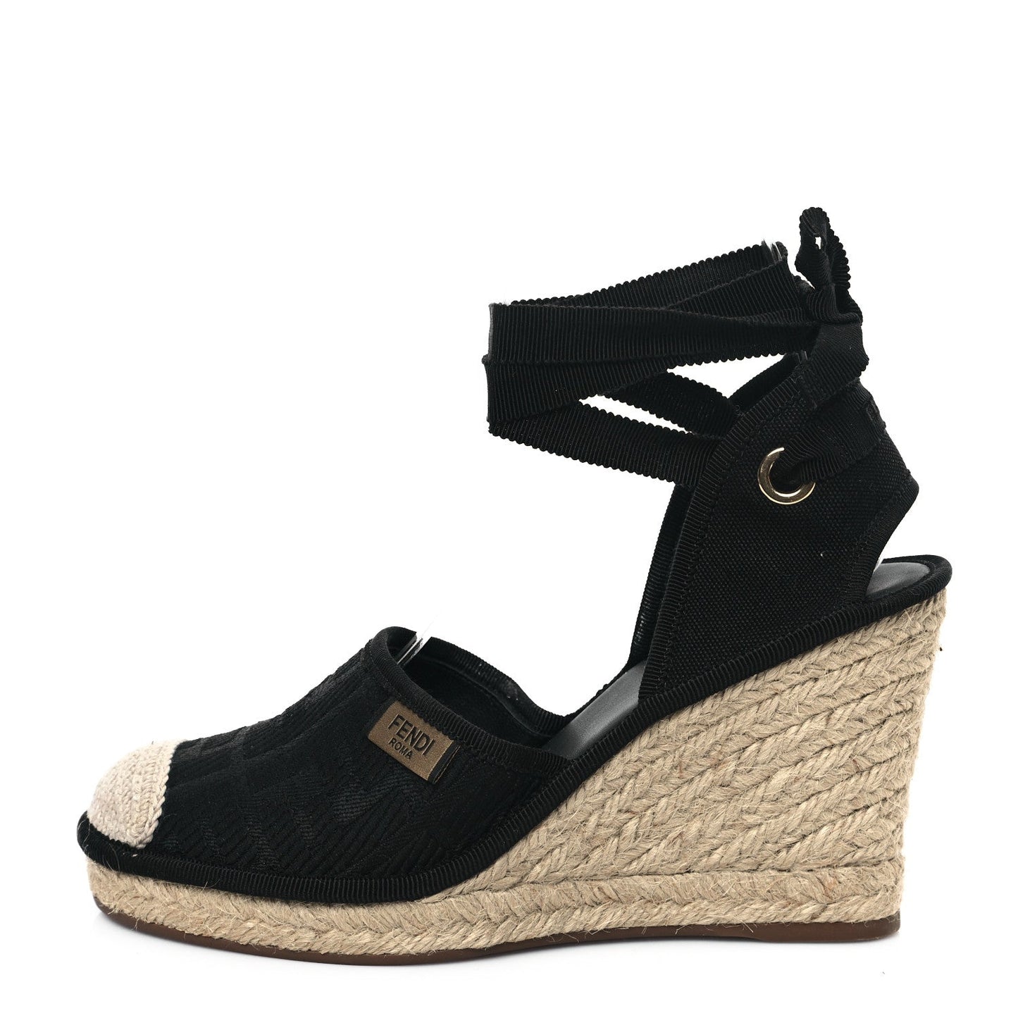 Fendi Handbag FF Roma Ankle Wrap Wedge Espadrilles 36 Canvas Black Embroidered Shoes