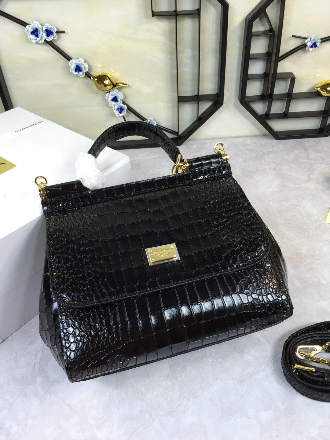 Top Quality Sicily Bag In Foiled Crocodile Black Medium Travel Bag