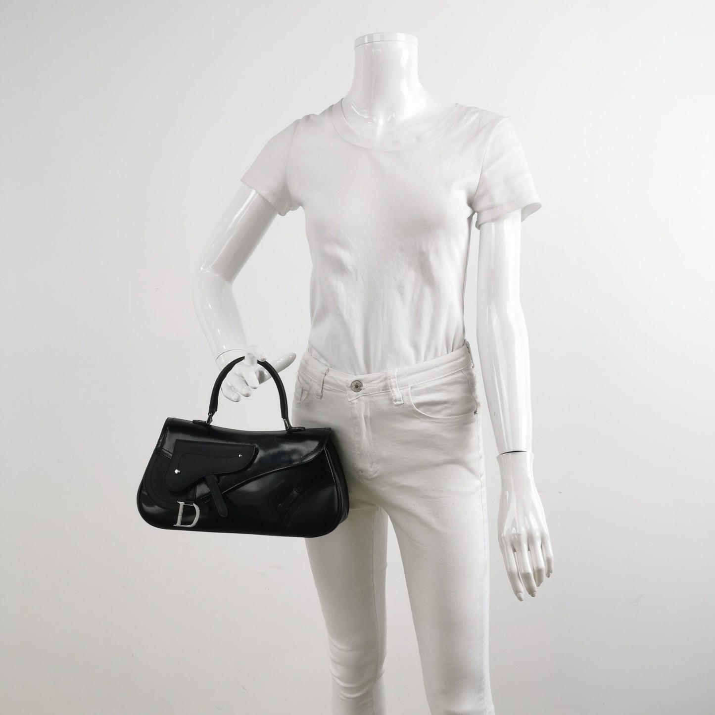 Dior Top Handle Saddle Bag Smooth Shiny Calfskin Leather Black Travel Bag