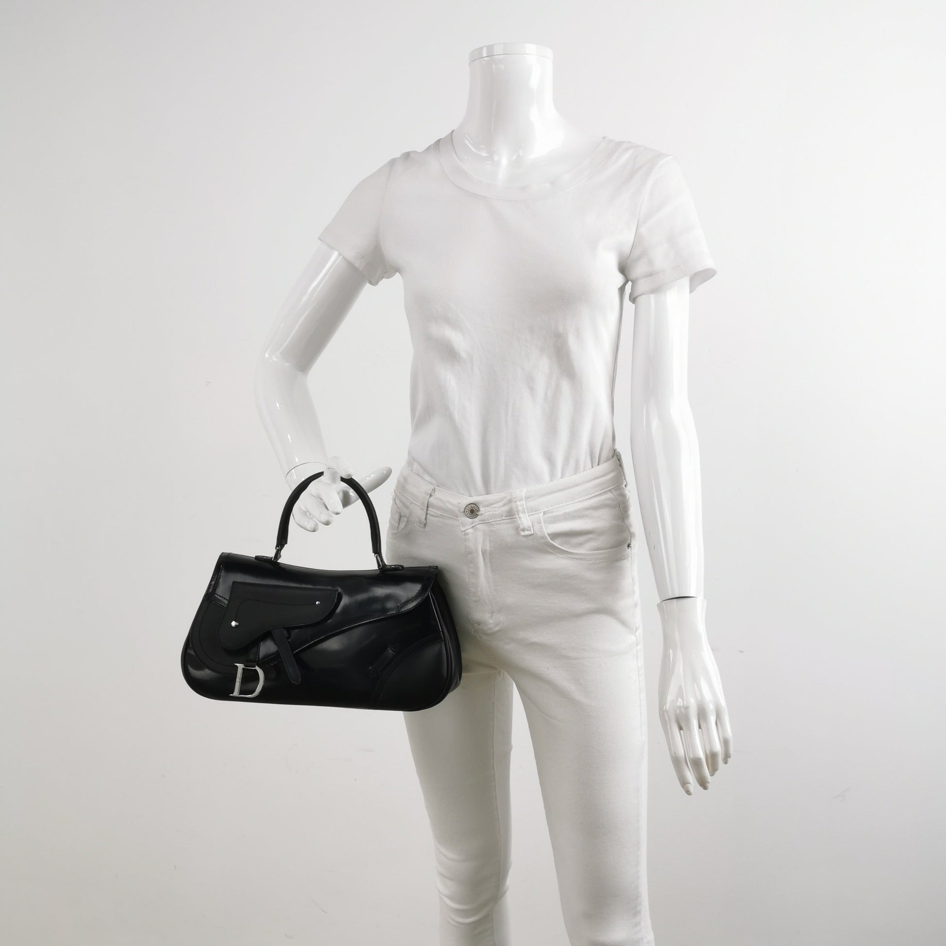 Dior Top Handle Saddle Bag Smooth Shiny Calfskin Leather Black Travel Bag