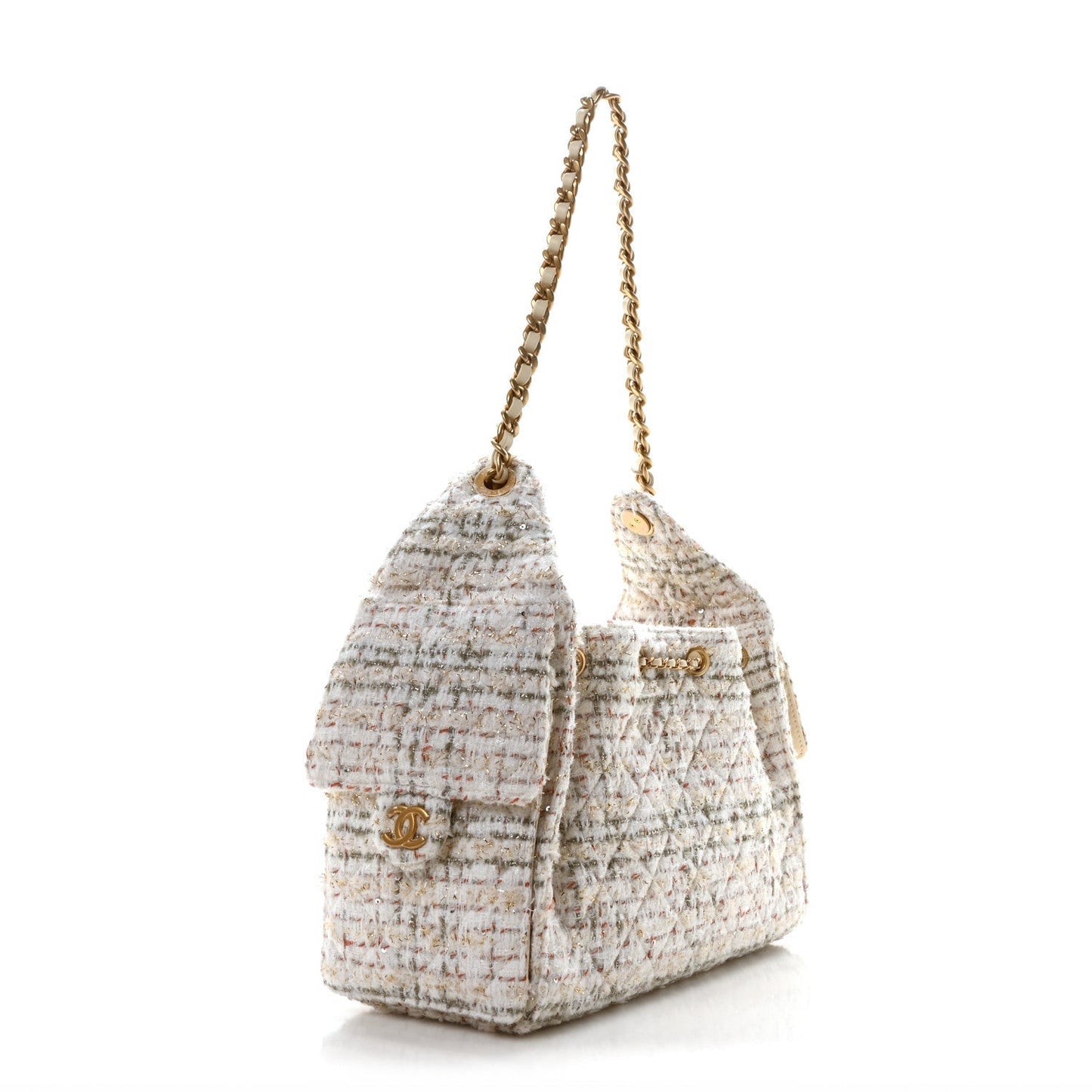 Tweed Quilted Small Chanel 25 Handbag Ecru Khaki Gold Red