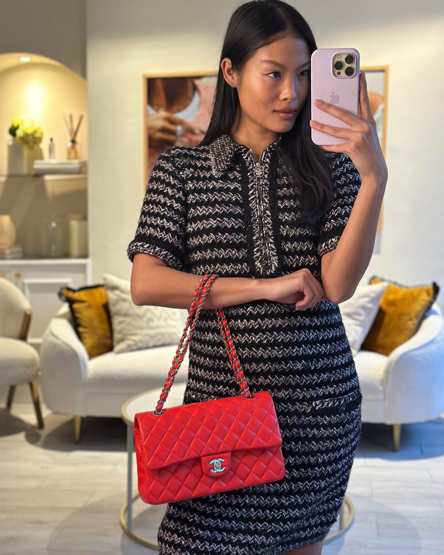 Chanel Scarlet Red Medium Classic Double Flap Bag In Lambskin Leather With Silver Hardware