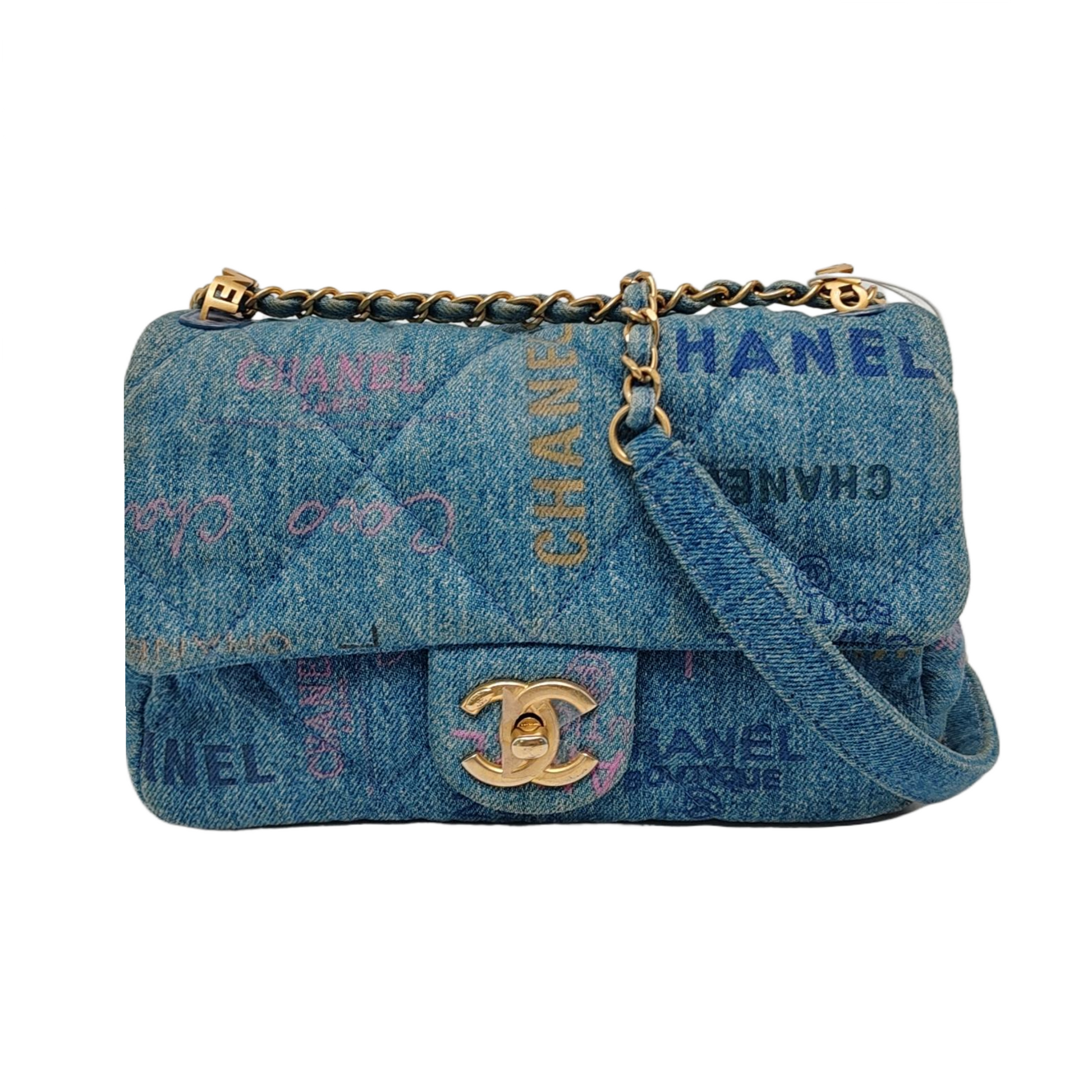 Chanel Classic Flap Rectangular Denim Jeans Hardware Blue Gold Mini Bag Microchip 1