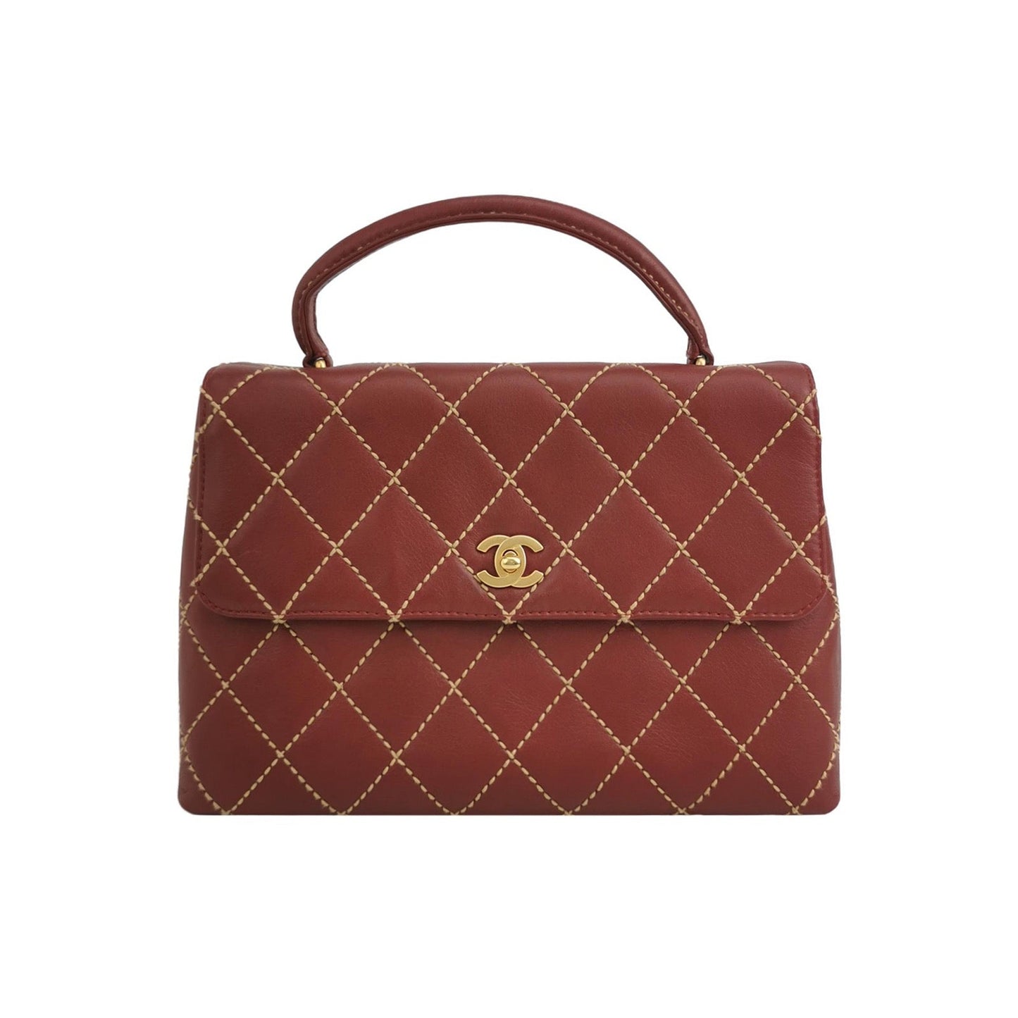 Chanel Top Handle Kelly Wild Stitch Burgundy Gold Leather Handbag