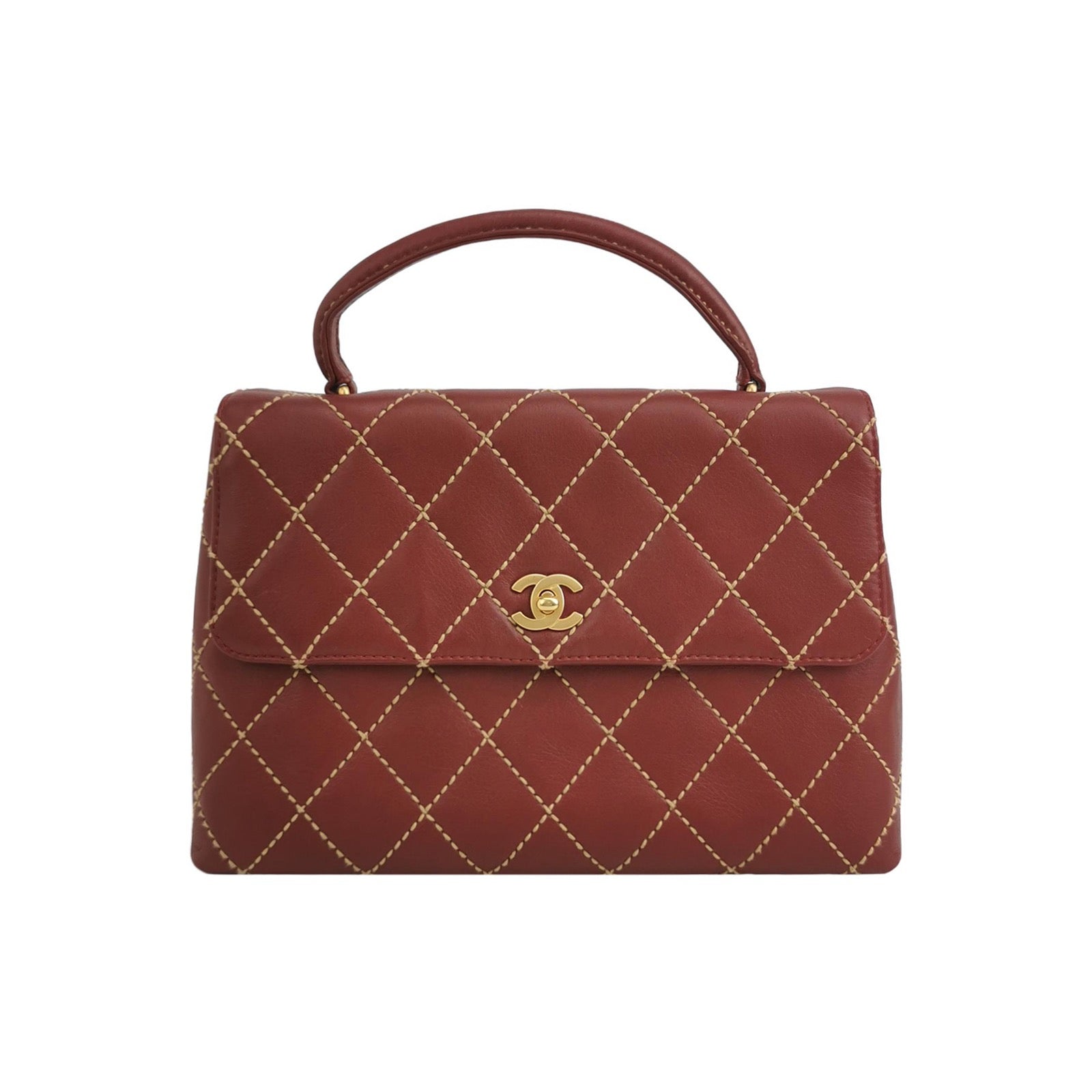 Chanel Top Handle Kelly Wild Stitch Burgundy Gold Leather Handbag