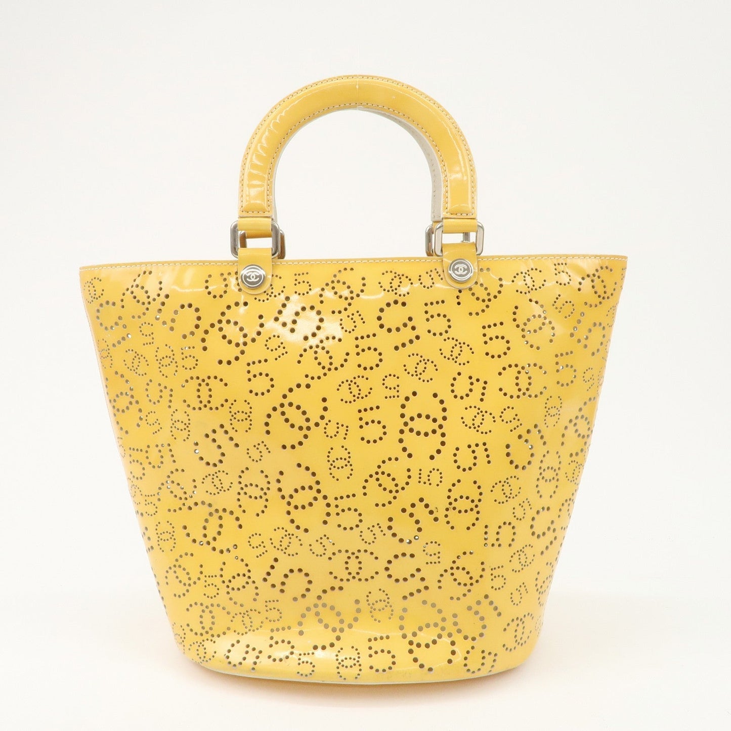CHANEL COCO Mark No.5 Patent Leather Punching Hand Bag Yellow