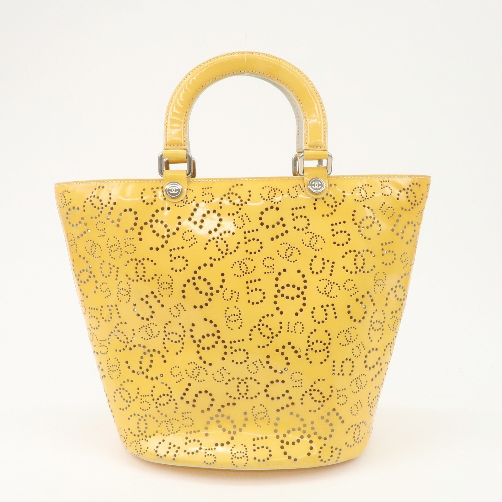 CHANEL COCO Mark No.5 Patent Leather Punching Hand Bag Yellow