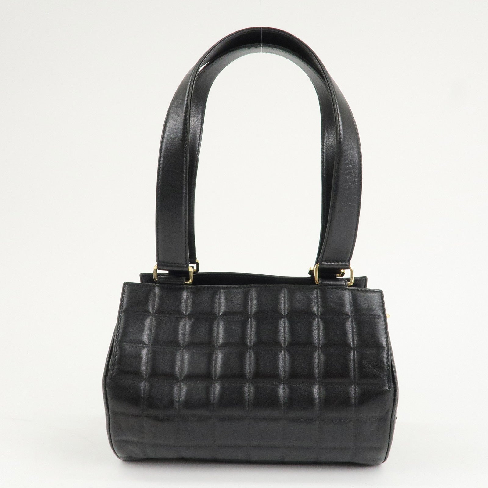 CHANEL Chocolate Bar Lamb Skin Mini Boston Bag Hand Bag Black