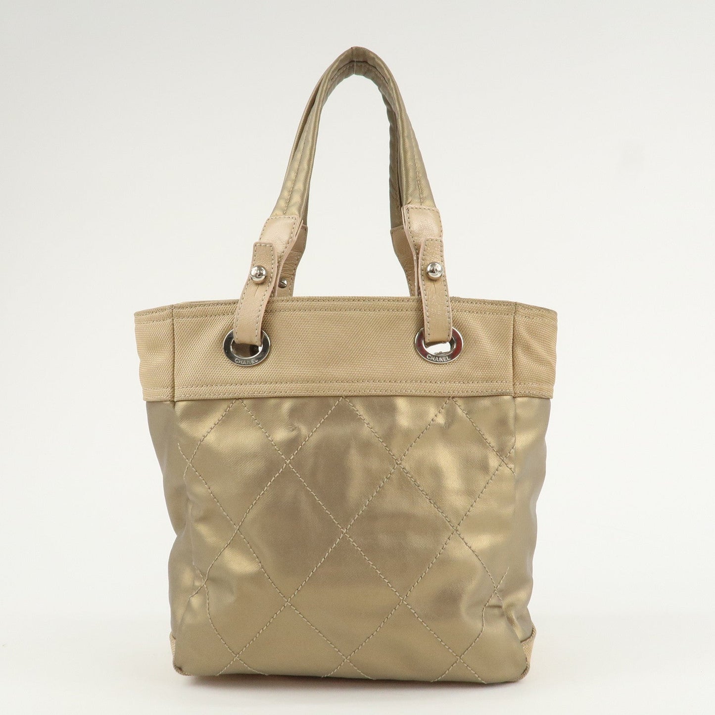 CHANEL Paris Biarritz Coating Canvas Leather Tote Bag PM Gold