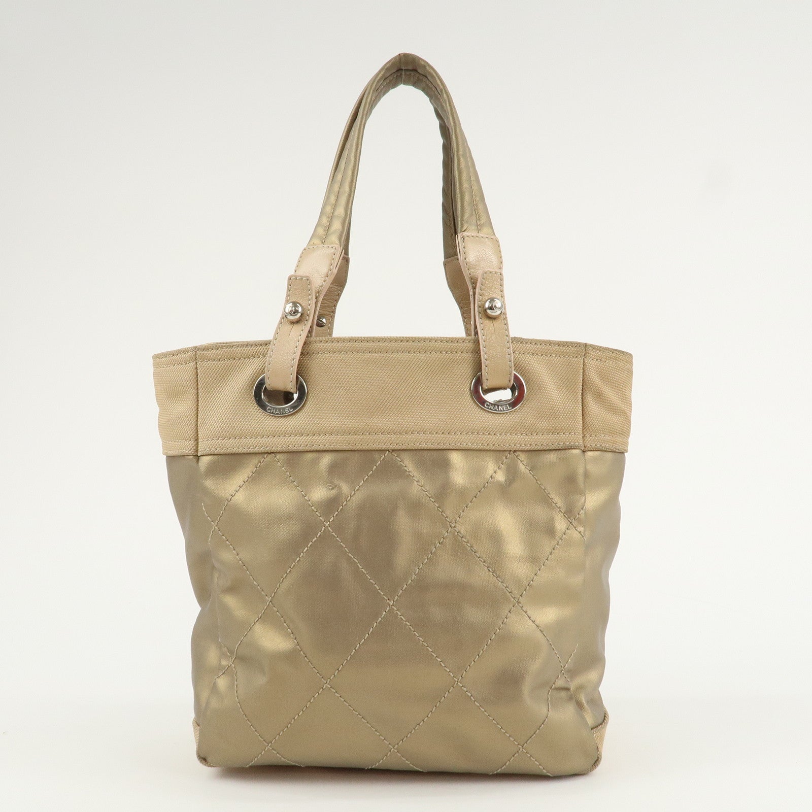 CHANEL Paris Biarritz Coating Canvas Leather Tote Bag PM Gold