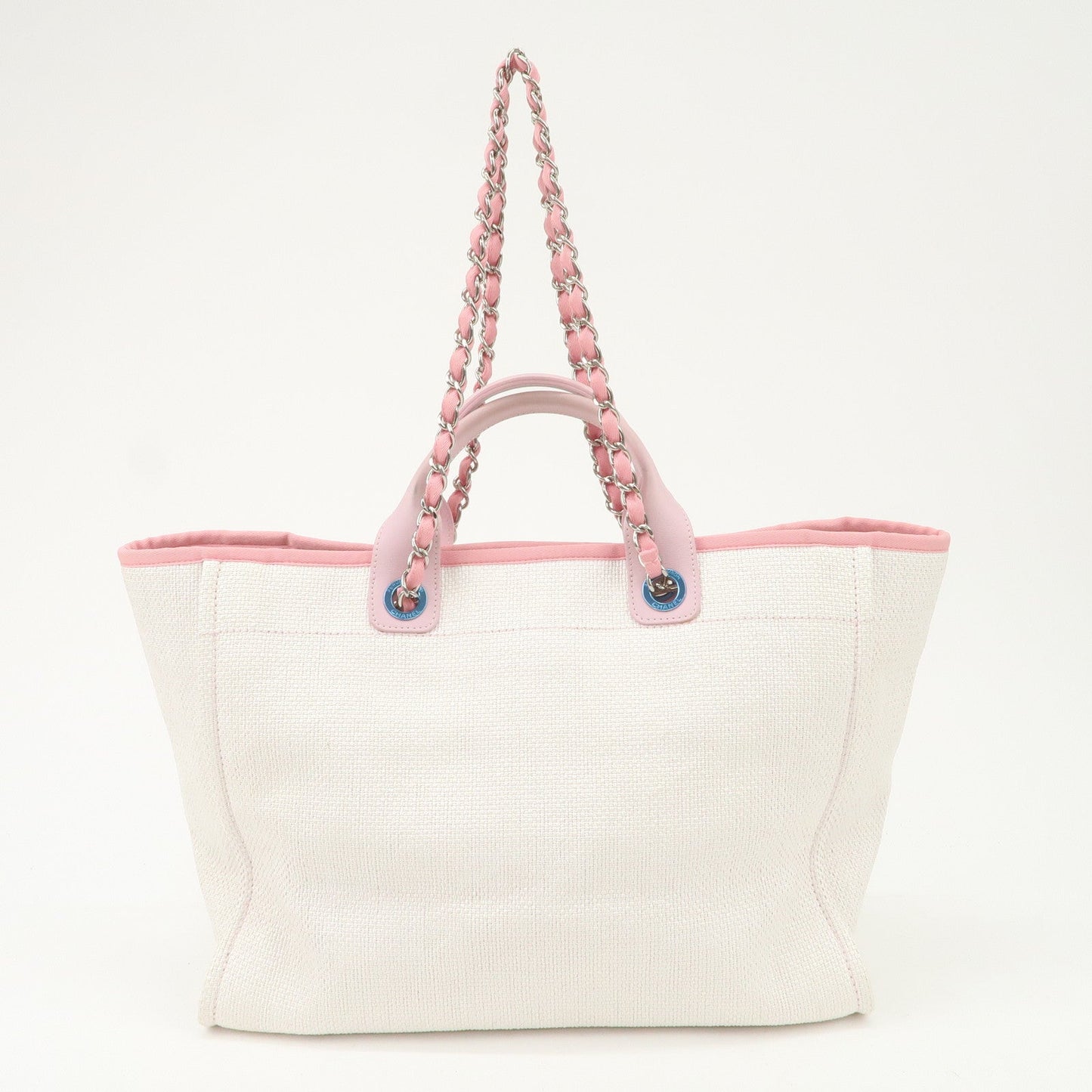 CHANEL Deauville Raffia Leather Chain Tote Bag GM Pink A66941