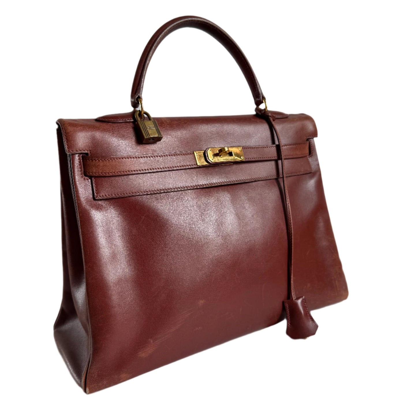 Hermes Kelly Box Calfskin Hardware With Strap Lock Leather Brown Travel Bag