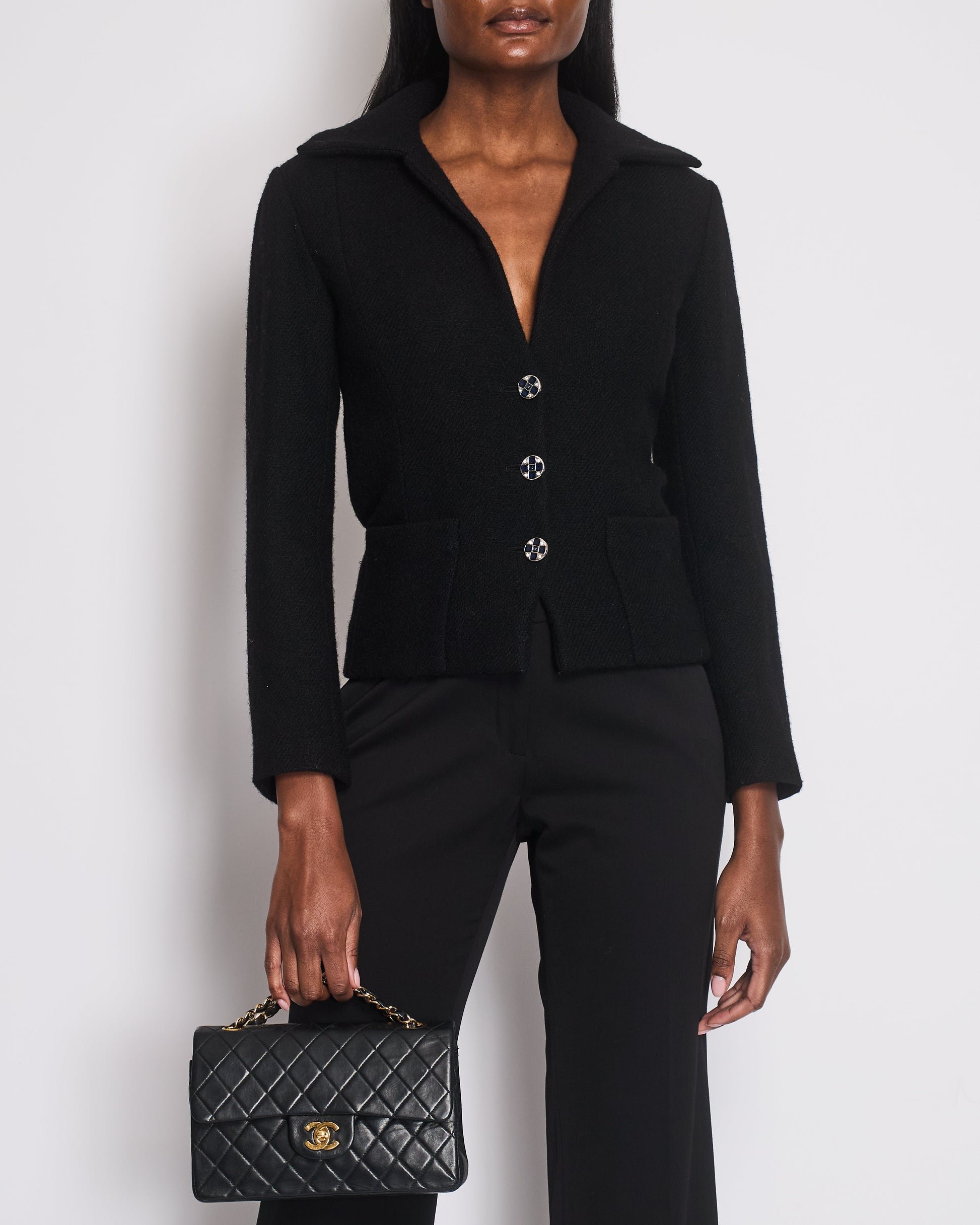 Chanel Black Wool Blazer with Silver and Blue Button Detail Size FR 34 (UK 6)
