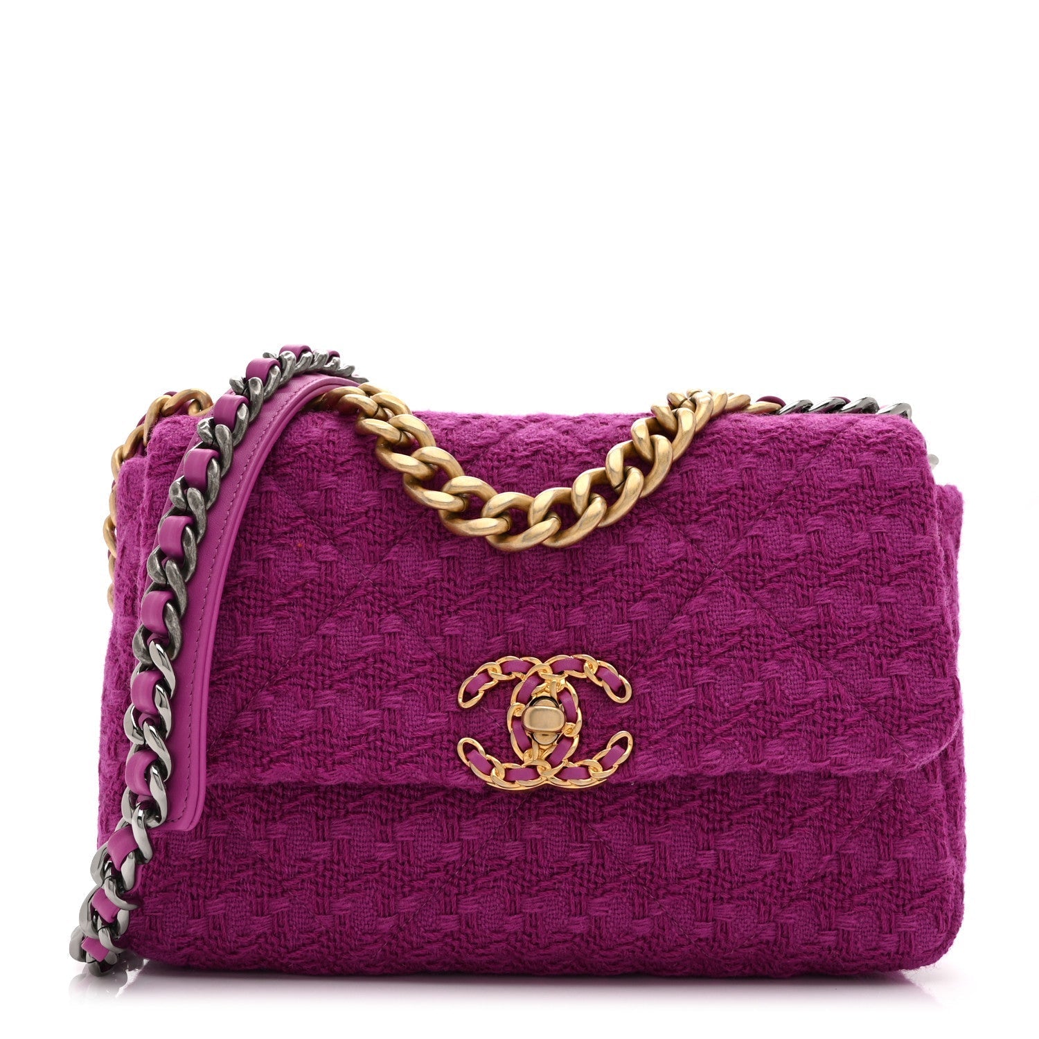 Chanel Tweed Quilted Medium 19 Flap Magenta Bag
