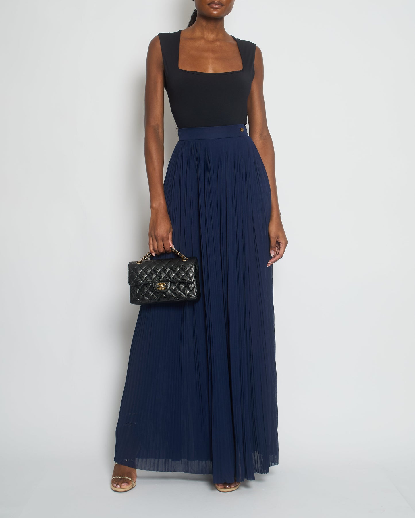 Chanel Navy Pleated High-Waist Tro Rs With Cc Button Detail Size Fr 34 (Uk 6) Bag