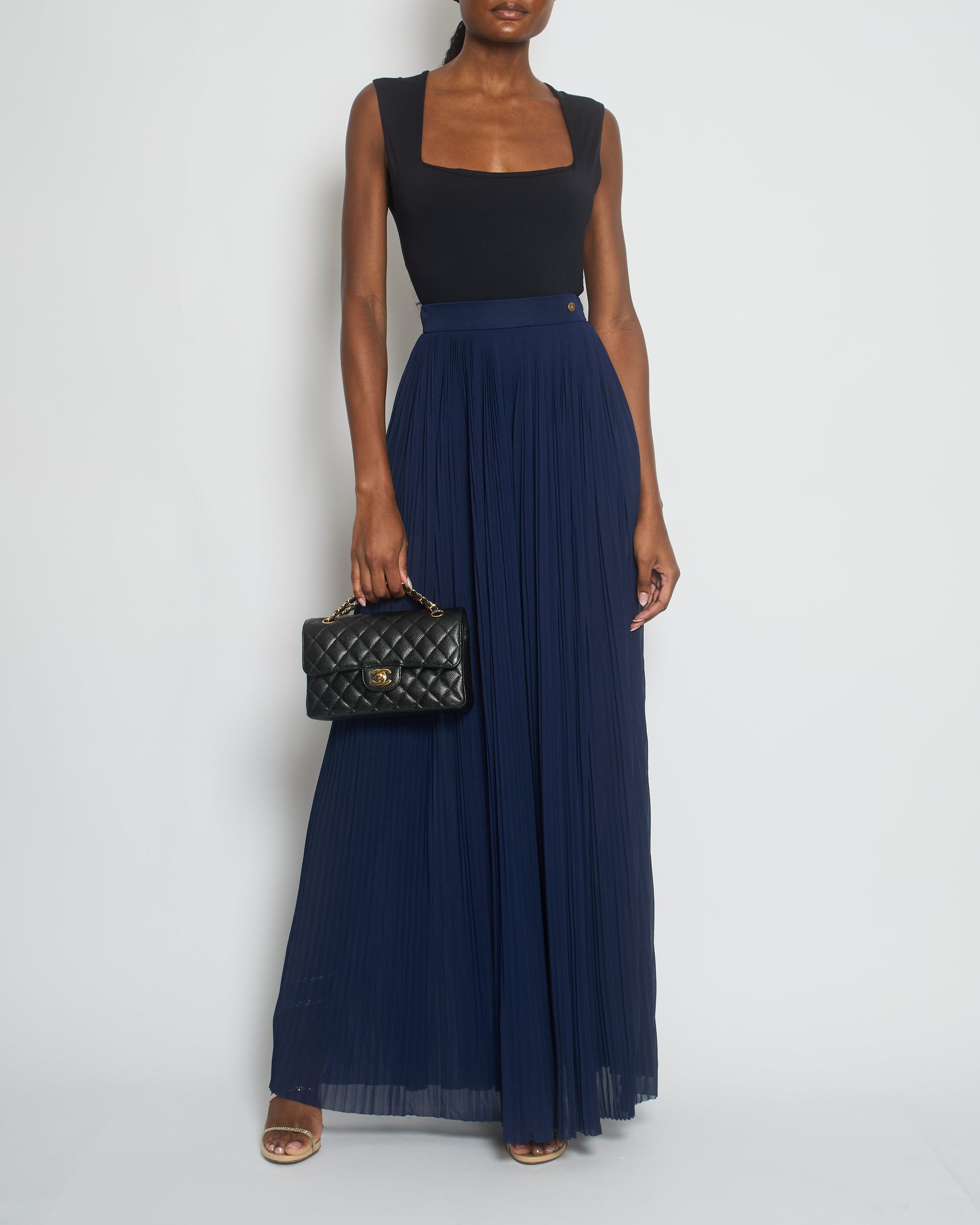 Chanel Navy Pleated High-Waist Tro Rs With Cc Button Detail Size Fr 34 (Uk 6) Bag