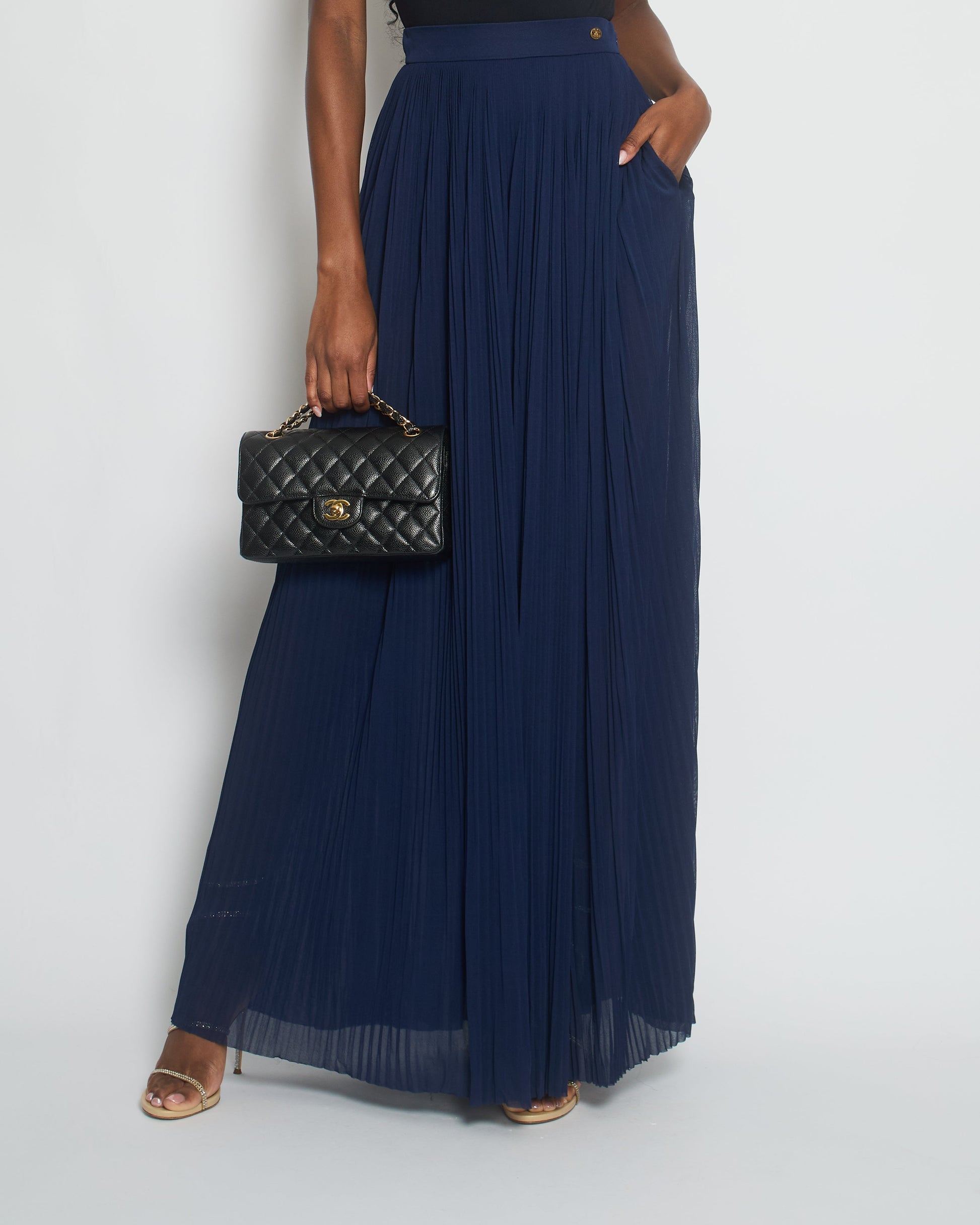 Chanel Navy Pleated High-Waist Tro Rs With Cc Button Detail Size Fr 34 (Uk 6) Bag