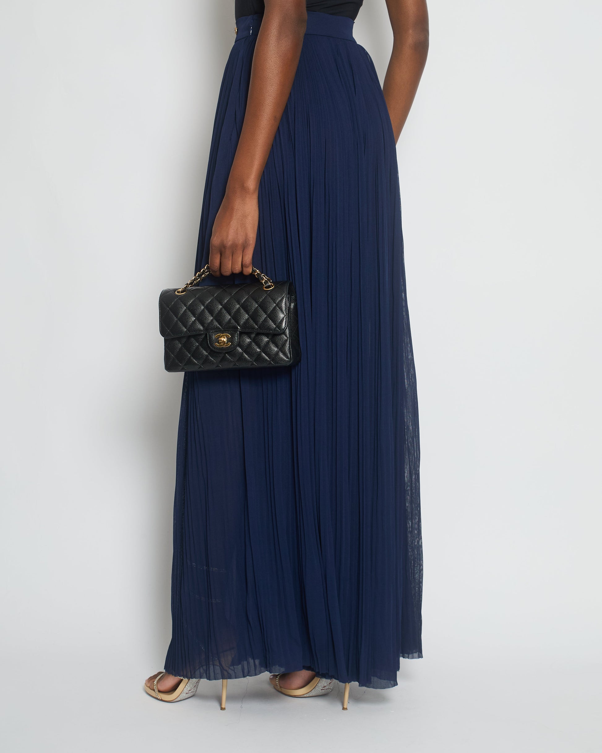 Chanel Navy Pleated High-Waist Tro Rs With Cc Button Detail Size Fr 34 (Uk 6) Bag