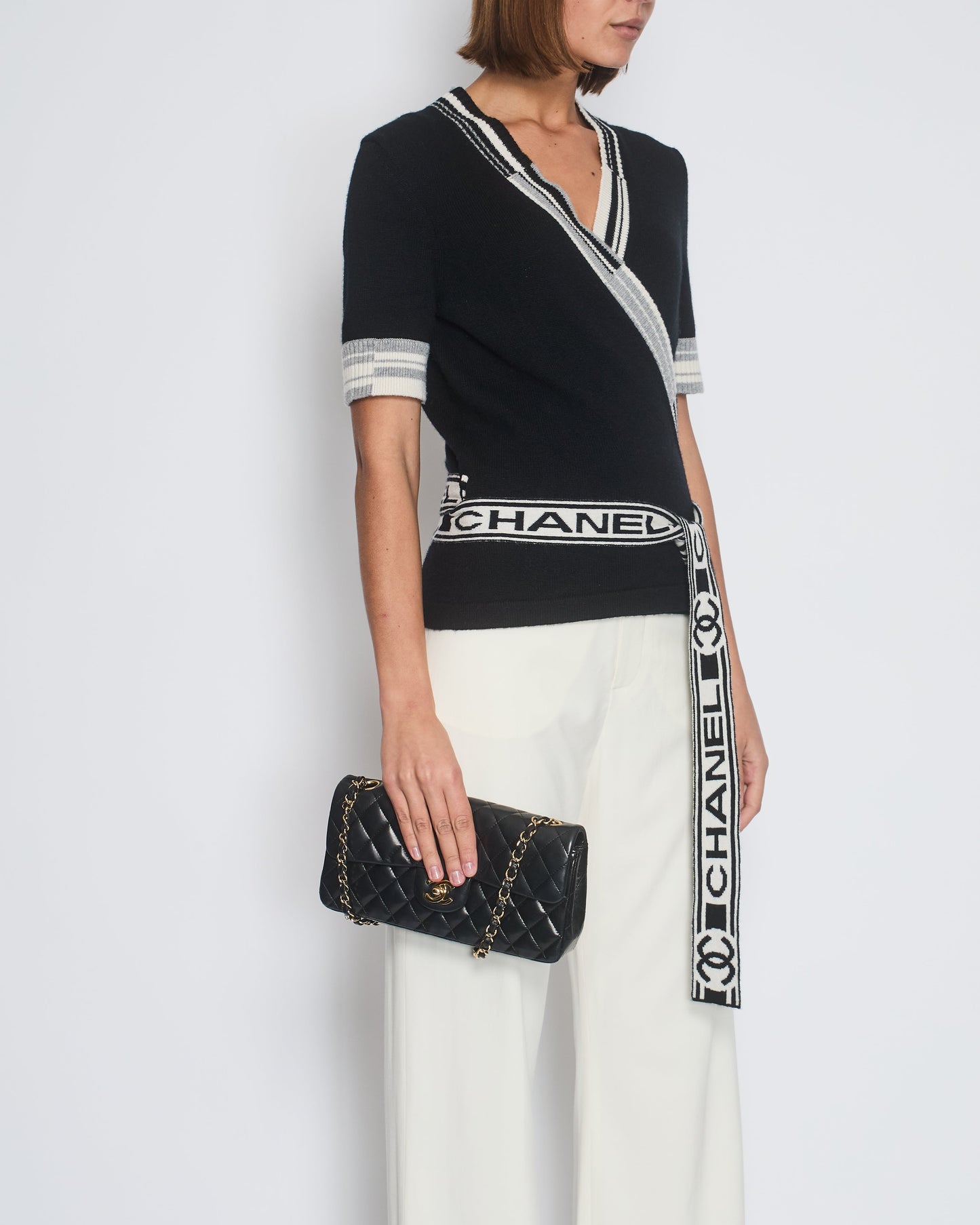 Chanel 2020 Black V Neck Short Sleeve Wrap Cardigan with Logo Detail Size Fr 38 (uk 10) Handbag
