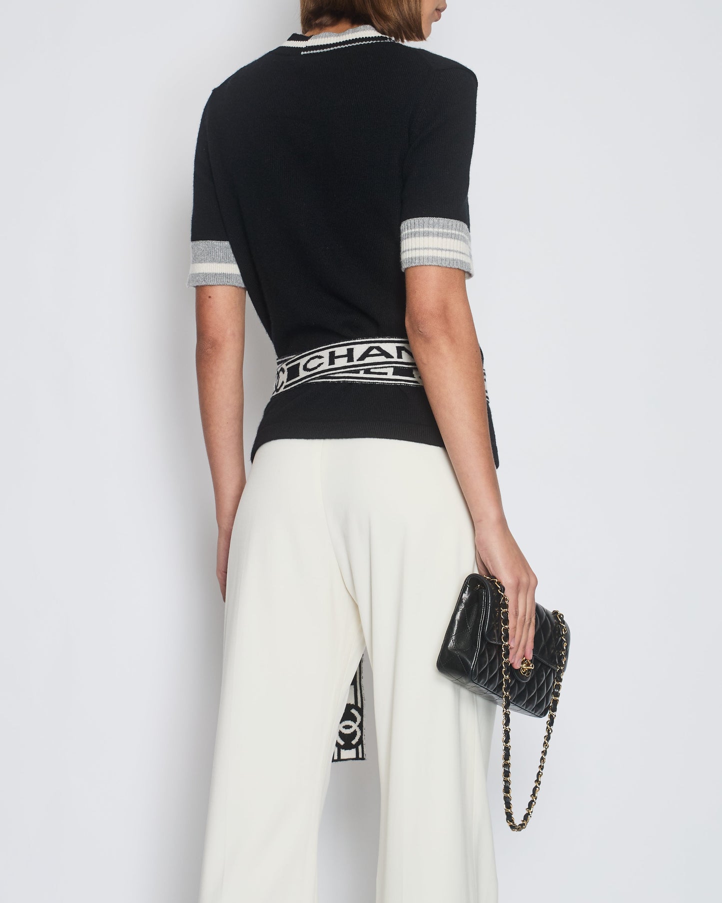 Chanel 2020 Black V Neck Short Sleeve Wrap Cardigan with Logo Detail Size Fr 38 (uk 10) Handbag