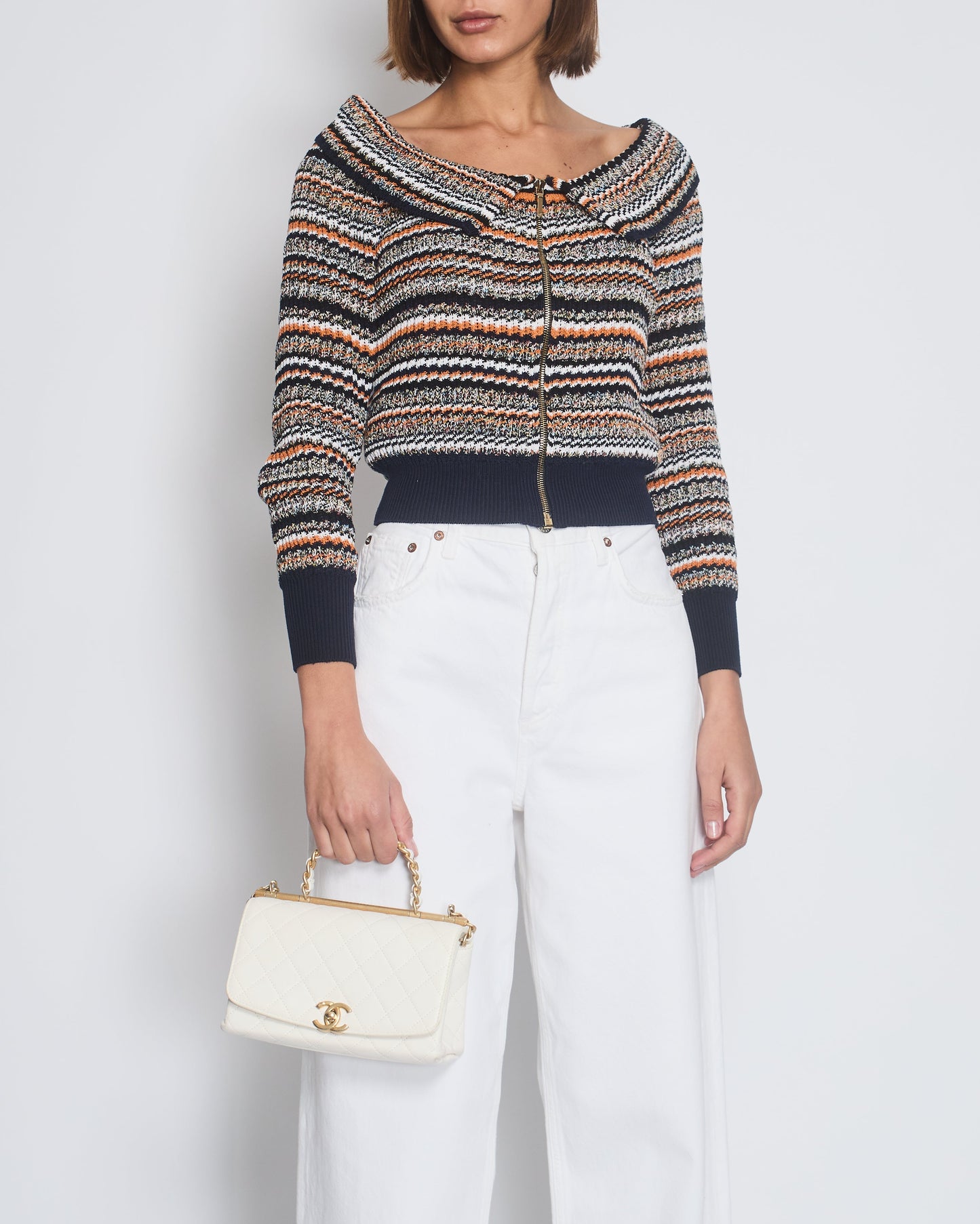 Chanel Orange, White & Navy Tweed Zip Up Cardigan Fr 36 (Uk 8) Bag