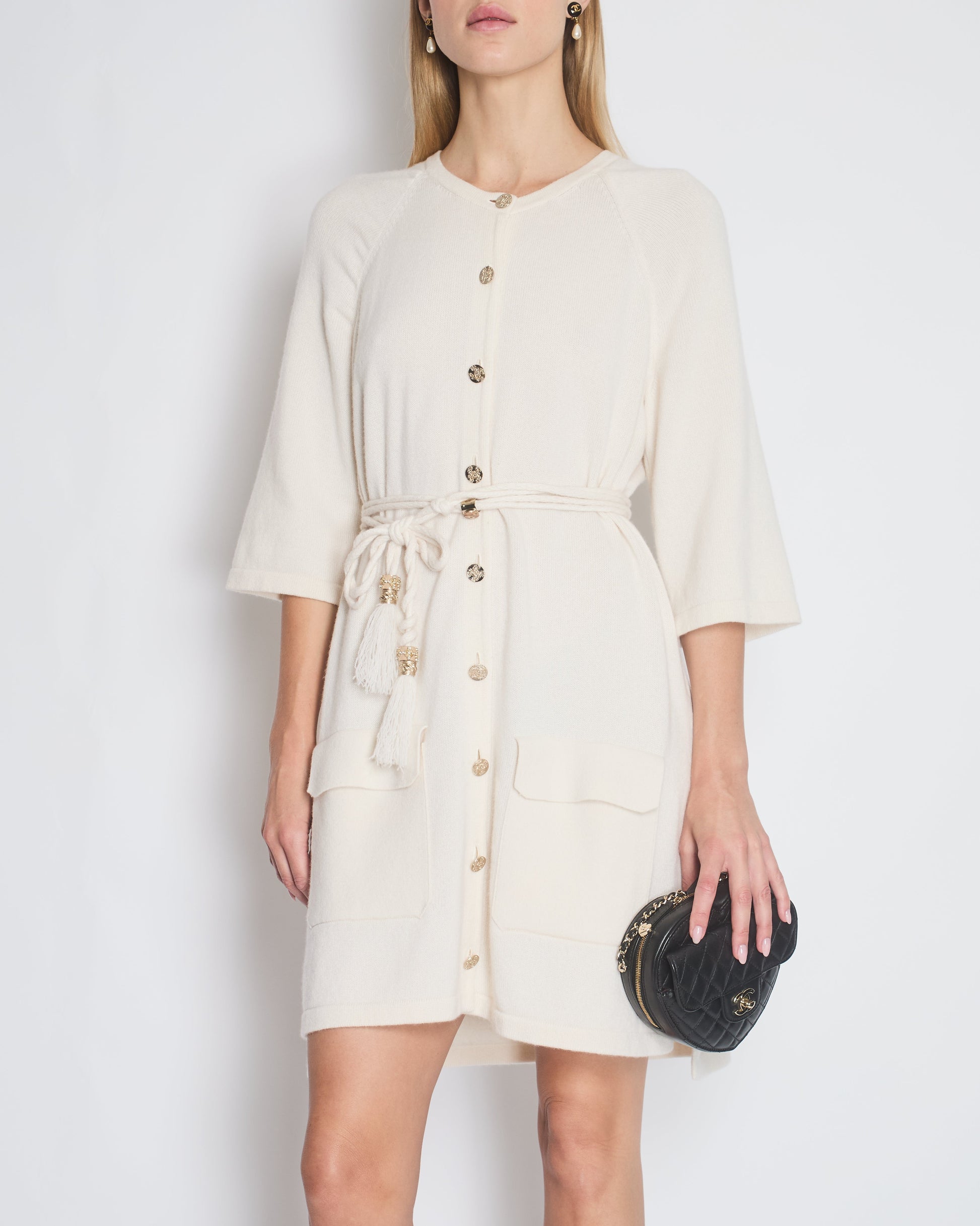 Chanel Cream Long Line Round Neck Cardigan With Belt And Pocket Detail Size Fr 46 (Uk 18) Bag