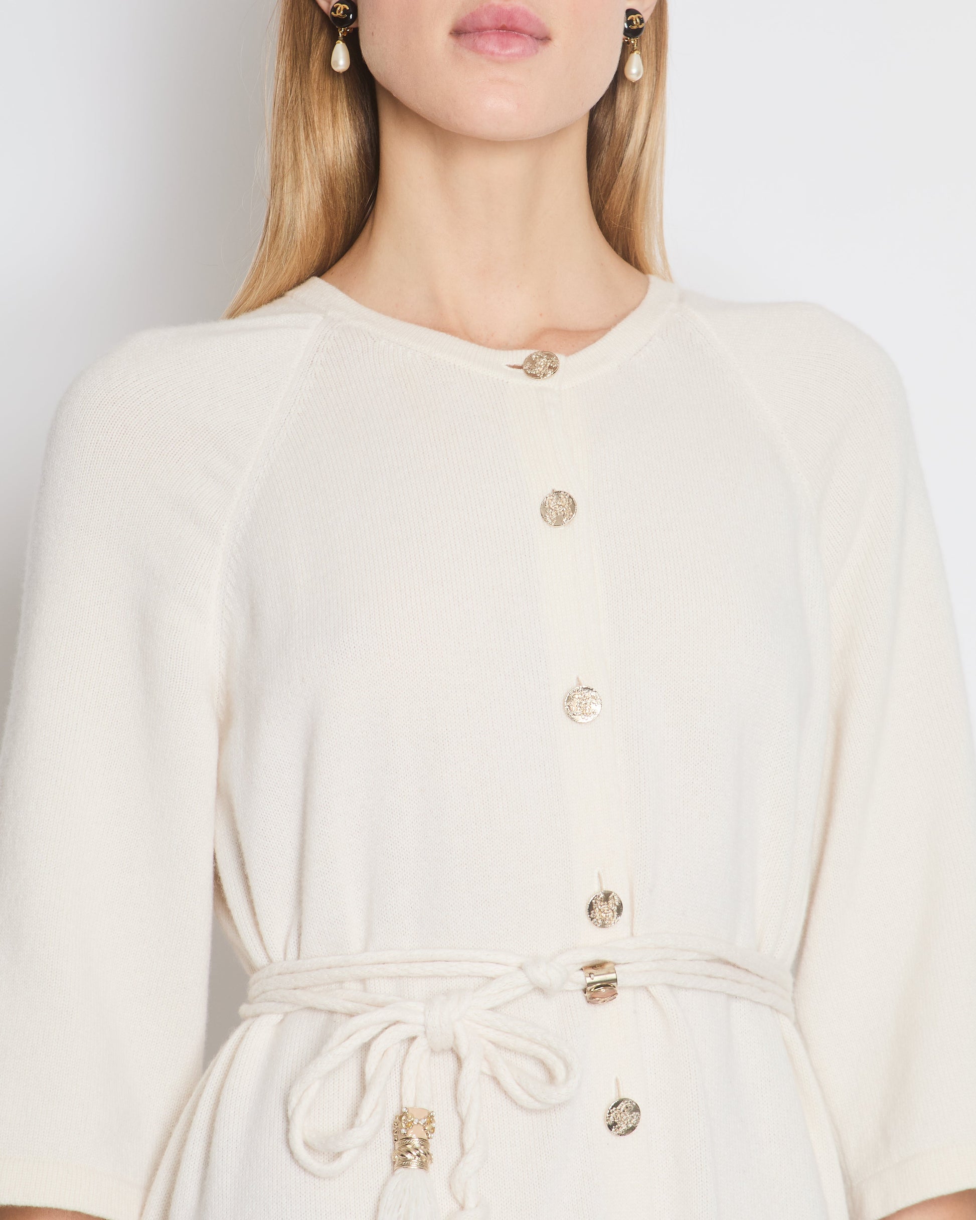 Chanel Cream Long Line Round Neck Cardigan With Belt And Pocket Detail Size Fr 46 (Uk 18) Bag