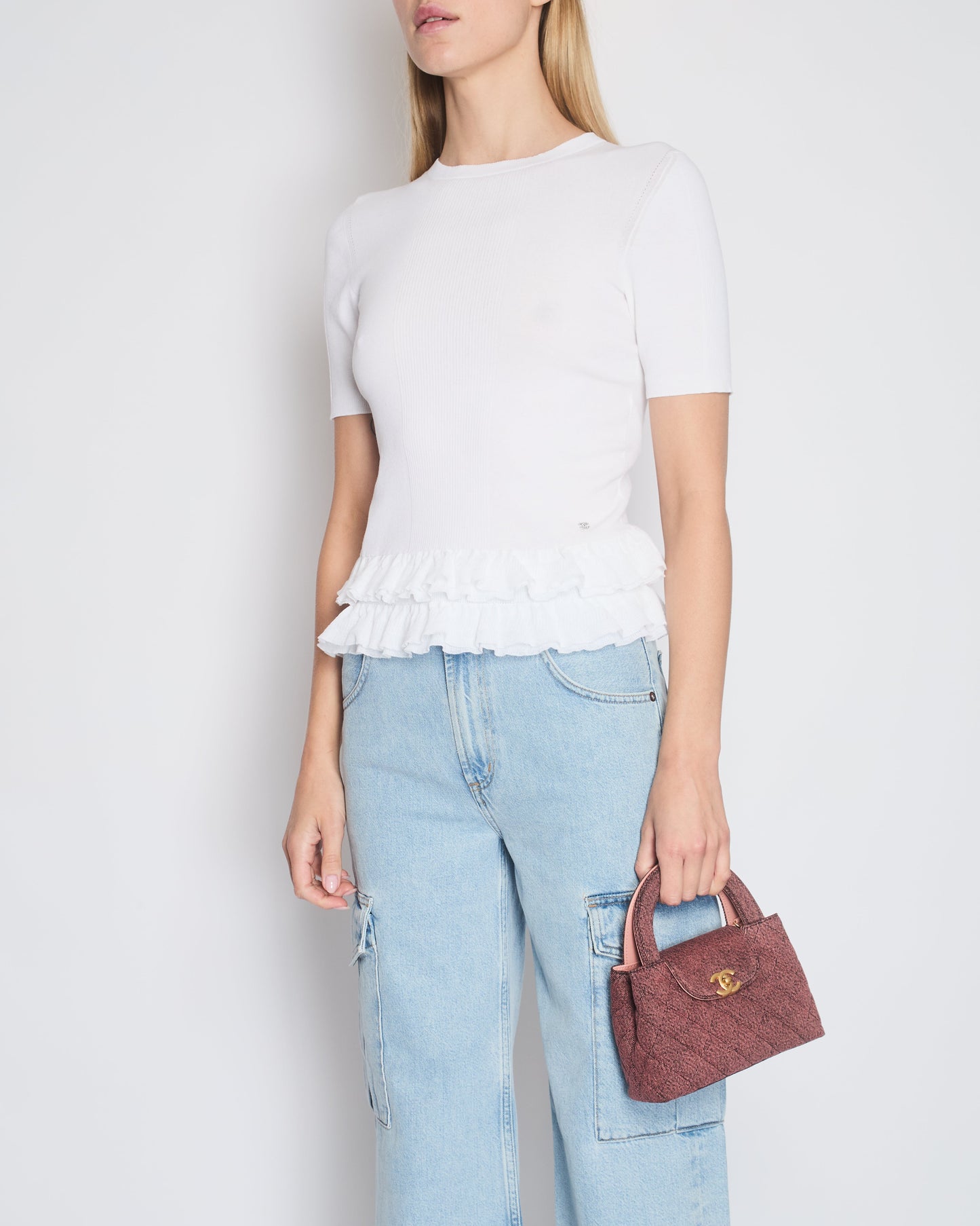 Chanel White Short Sleeve Knit Top With Pleated Frilled Hem With Crystal Cc Logo Detail Size Fr 34 (Uk 6) Bag